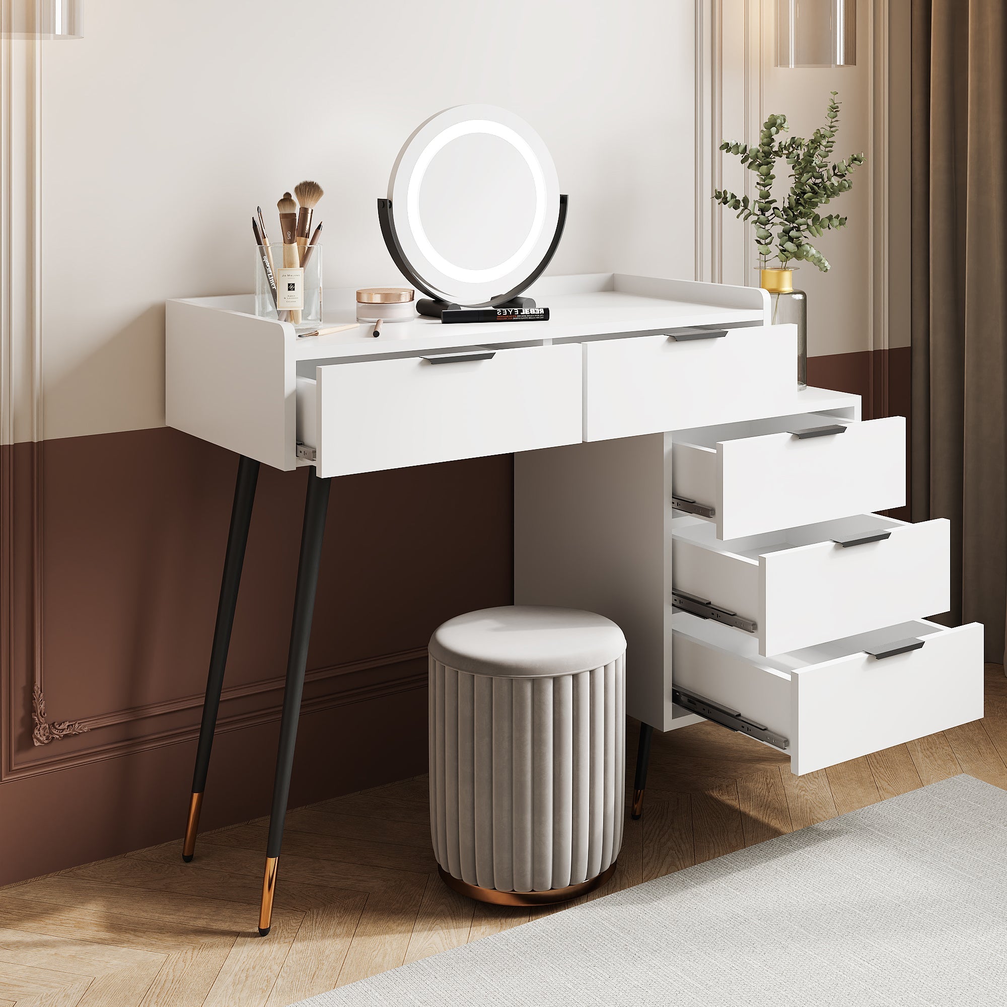 Dressing Table with Adjustable LED Mirror, 5 Drawers and Pull-out Side Cabinets, White Wood