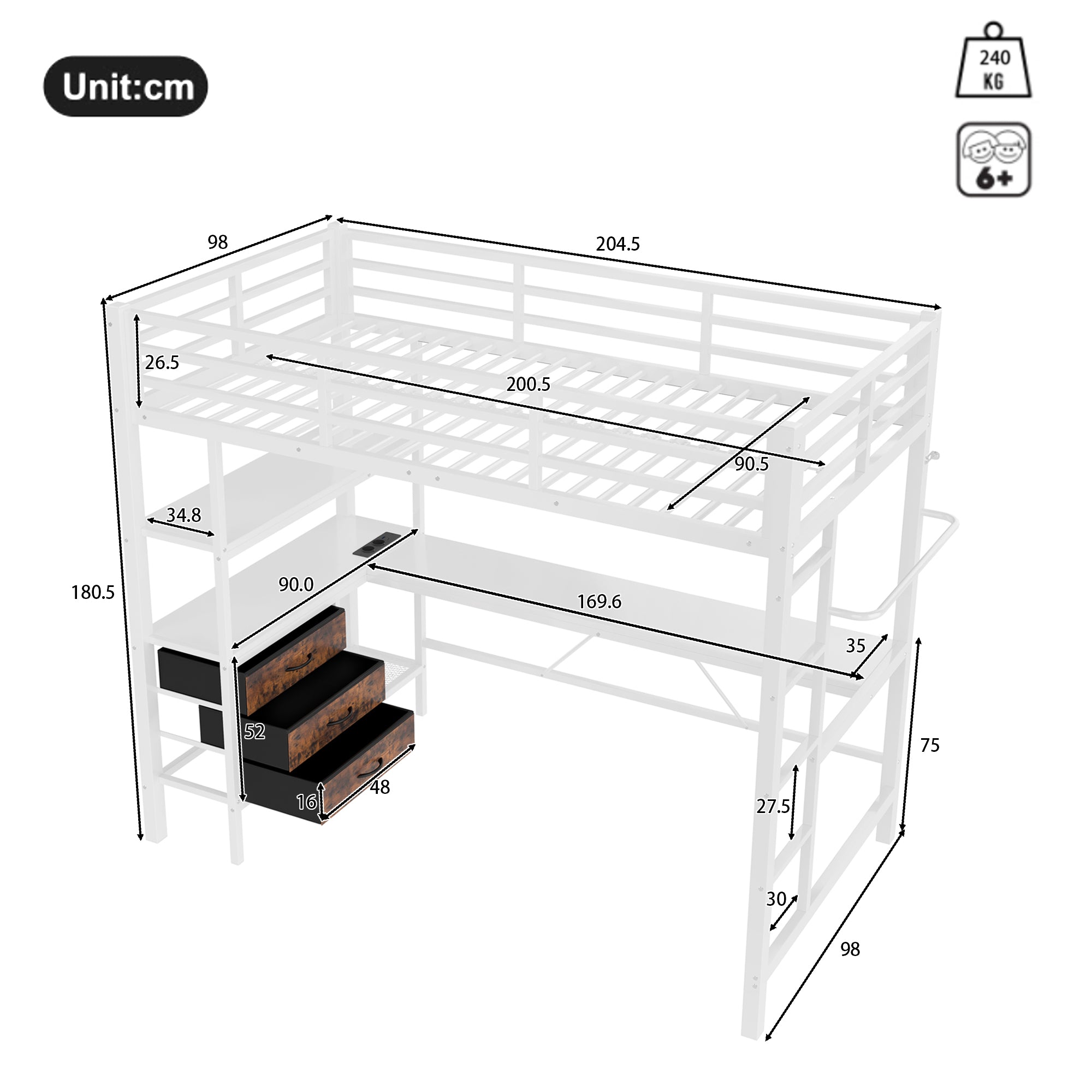 Loft Bed 90x200cm with Desk, LED Lights & Storage Drawers, White