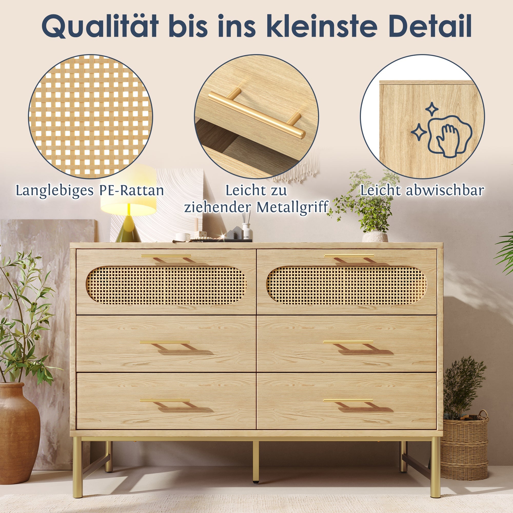 Rattan Sideboard, 6 Drawers Dresser Dressing Table, Sonoma Oak