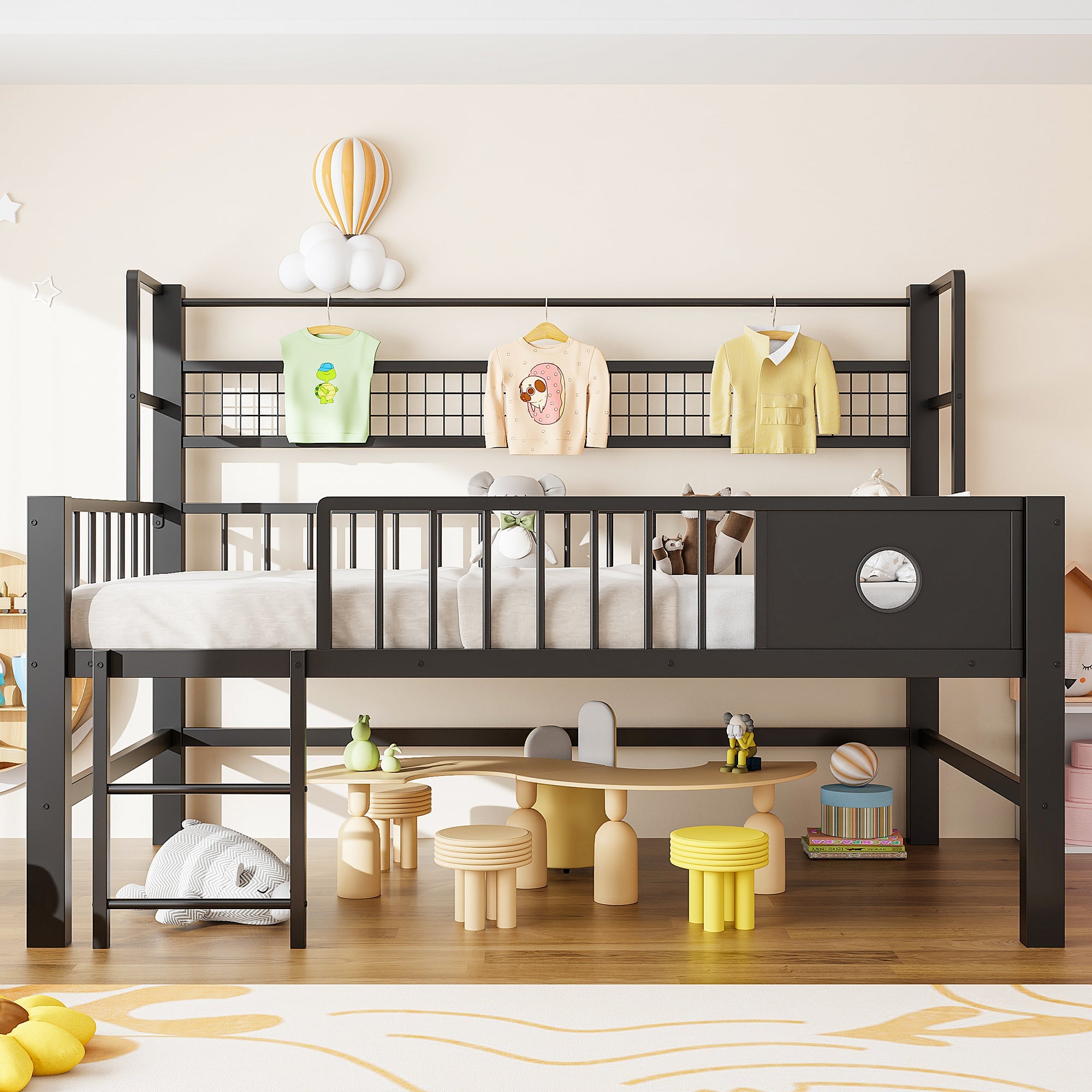 Low Loft Bed with Storage Compartments, 90x200cm, Black Metal