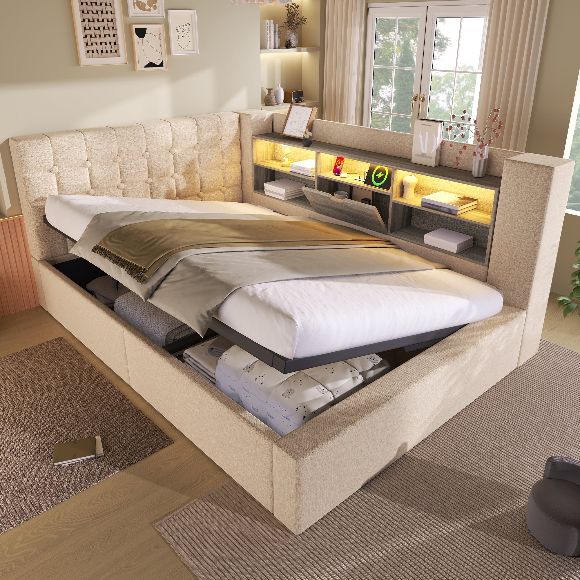 Upholstered Double Bed with LED Lighting, Hydraulic Storage and L-Shaped Headboard, Beige Linen Fabric