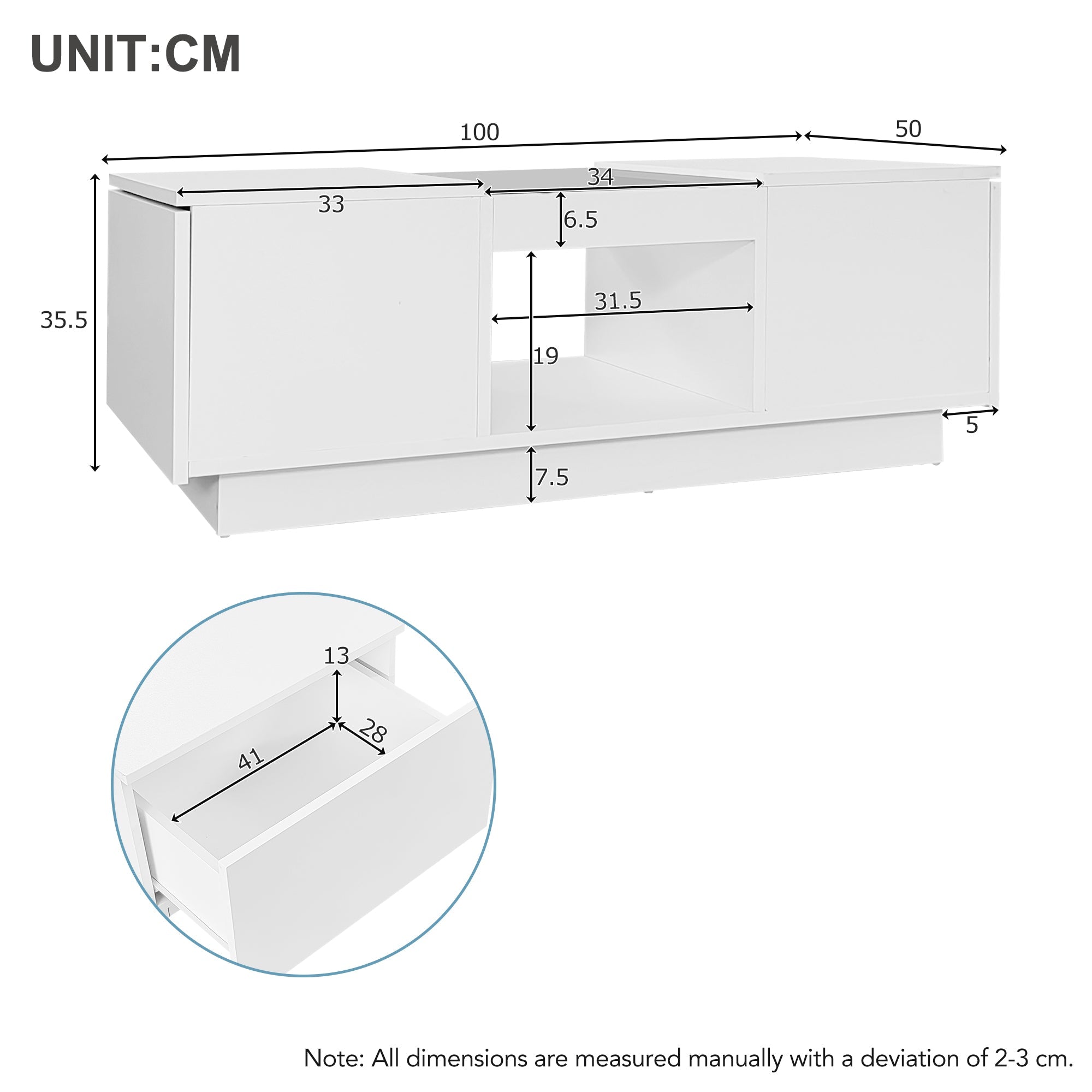 White Coffee Table with Glass Panel, LED Lighting, 2 Drawers, and 1 Open Compartment