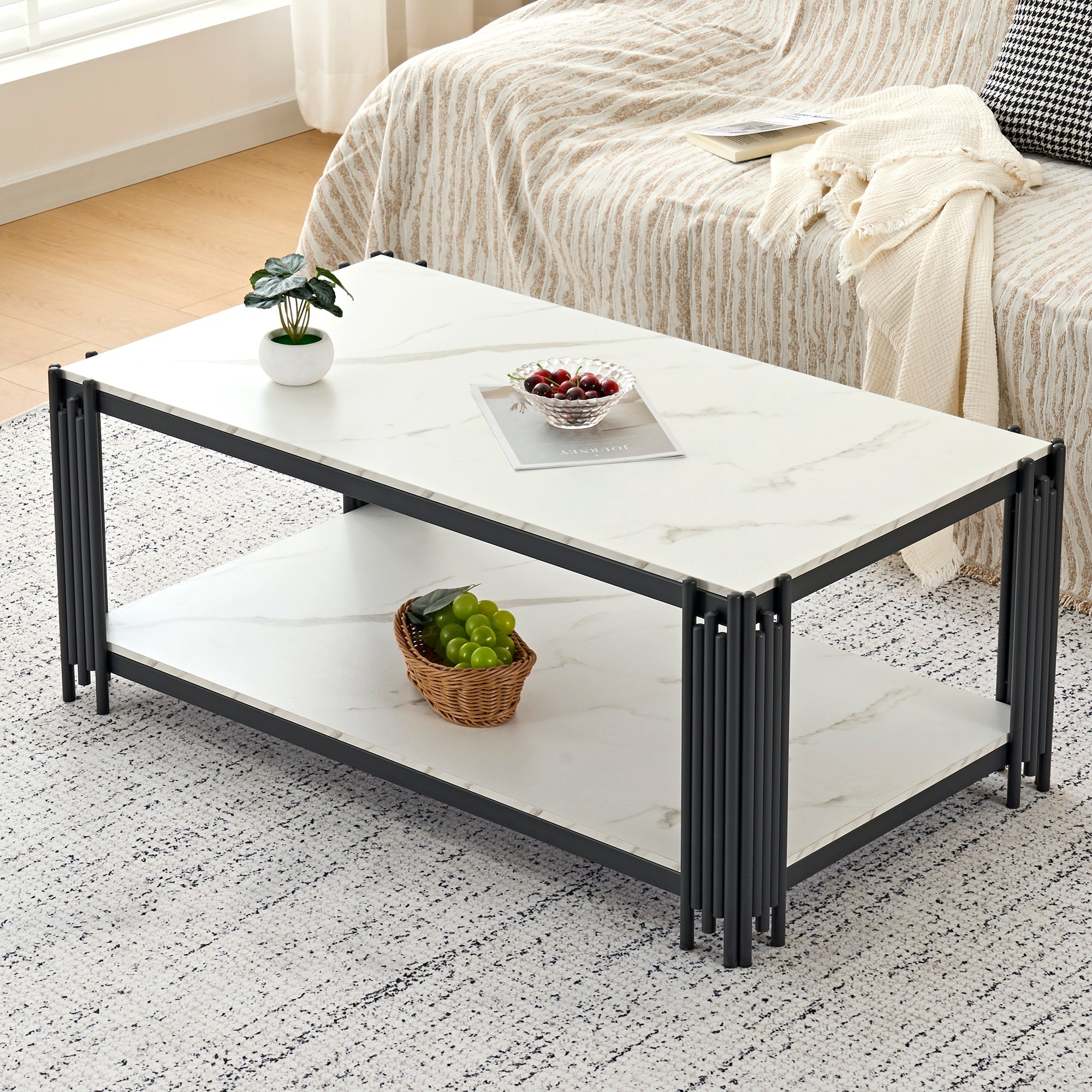 Rectangular Coffee Table Modern Marble-Effect Top Metal Legs White and Black