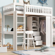 Loft Bed 90x200cm Desk Wardrobe 3 Drawers Stairs - White