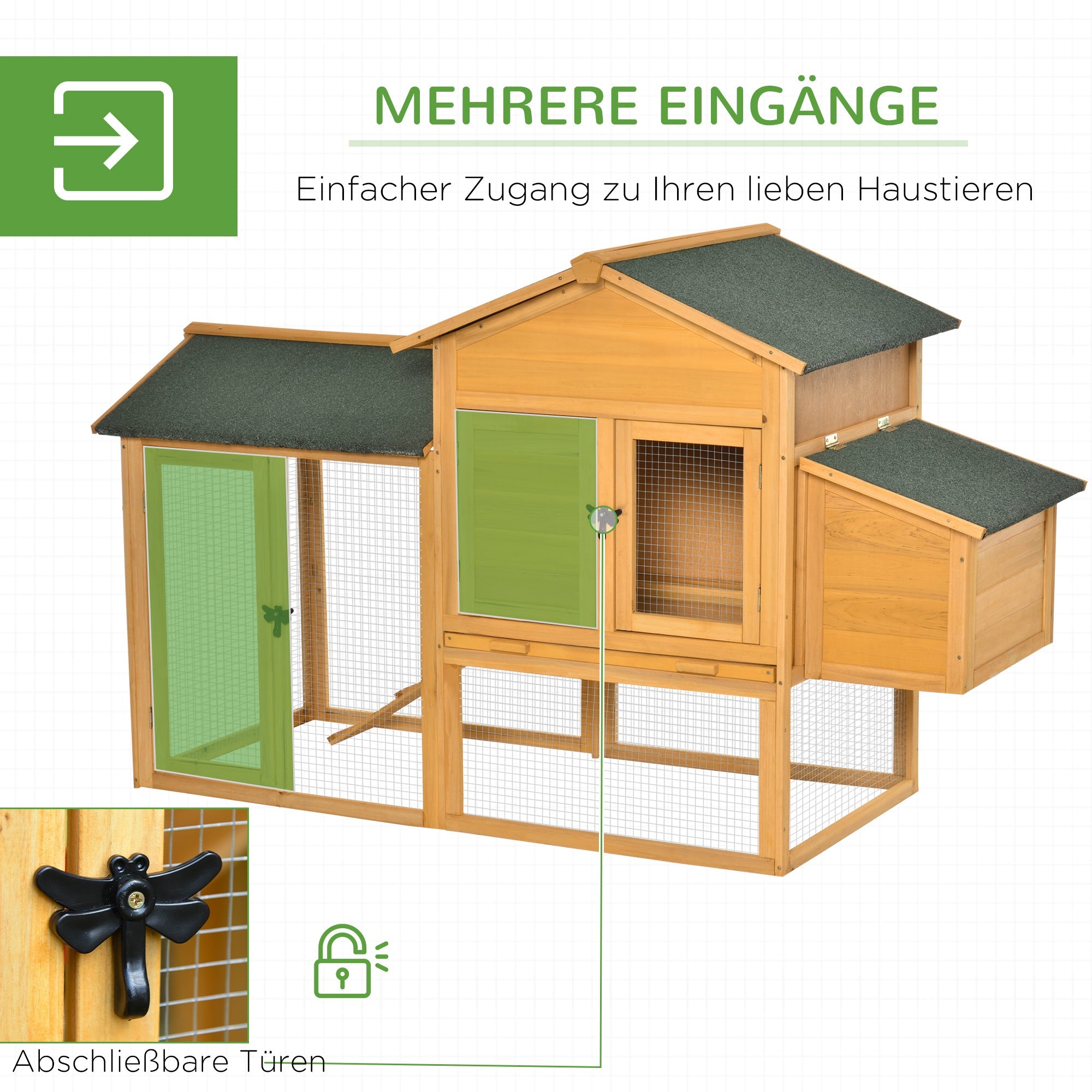 Hühnerstall für Zwerghühner mit Auslauf und Nistkasten, aus Tannenholz, Gelbgrün