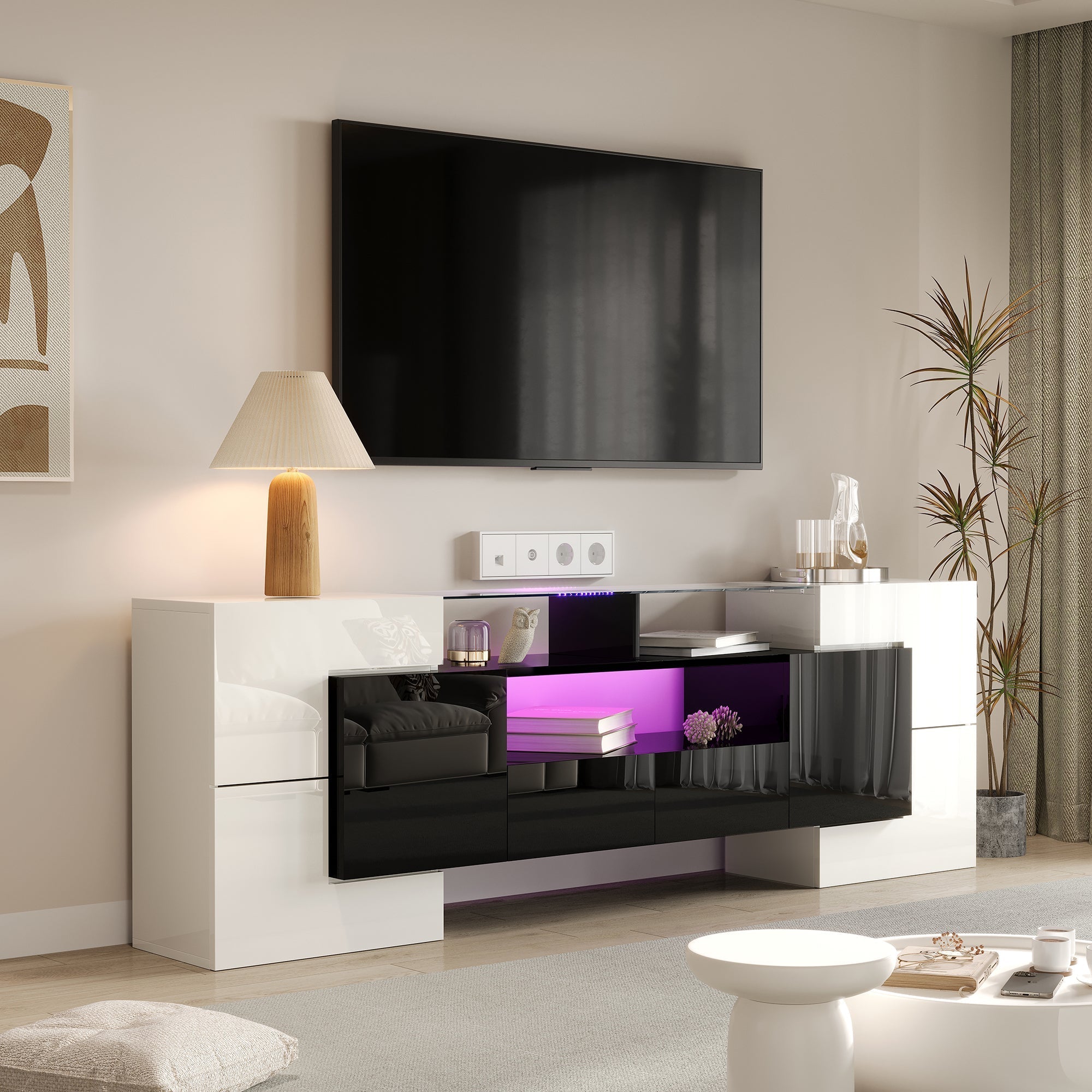 TV Cabinet Low Panel 200cm LED Lighting Modern Design High-Gloss White and Black