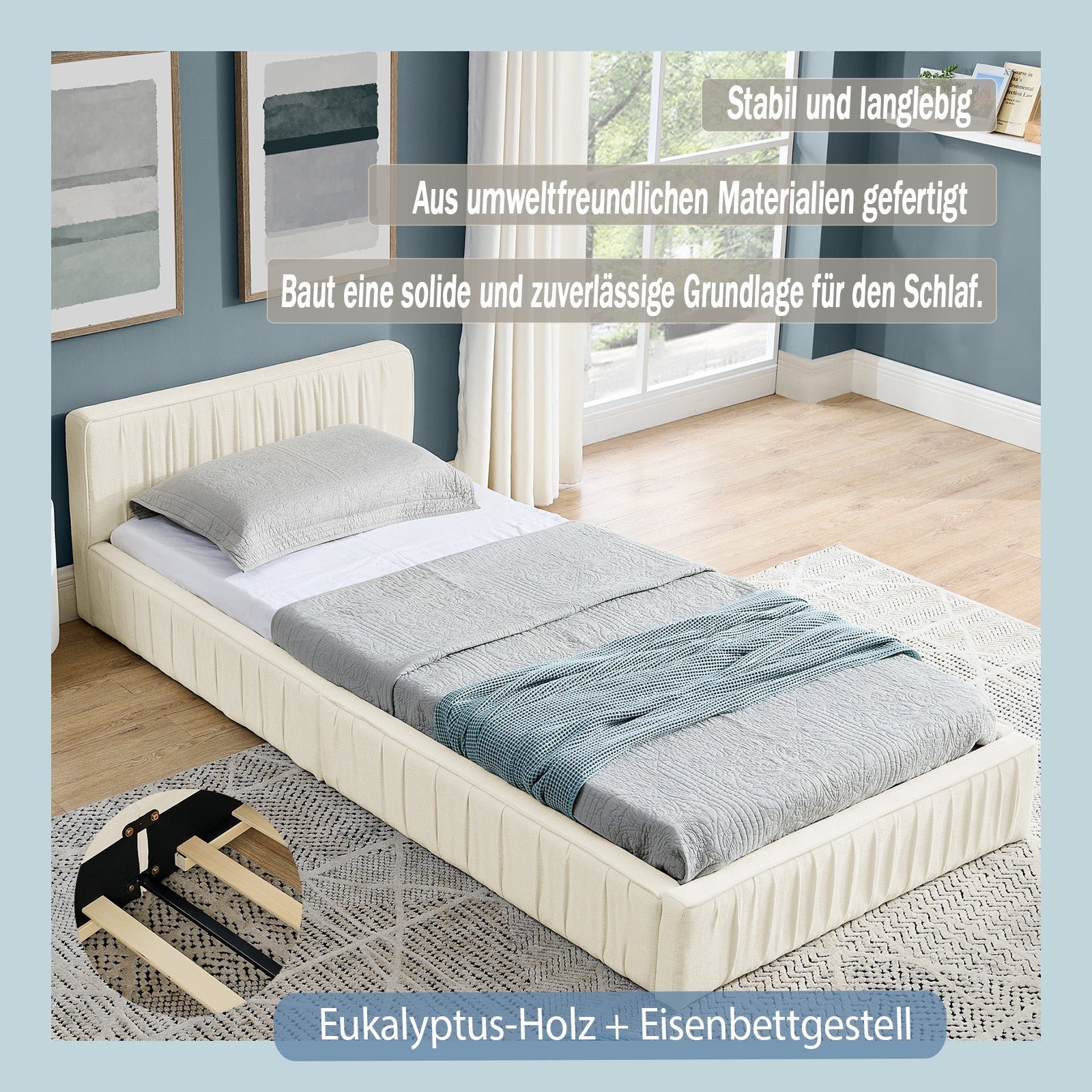 Single Bed 90x200cm Children's Bed Sturdy Iron Frame Chenille Beige