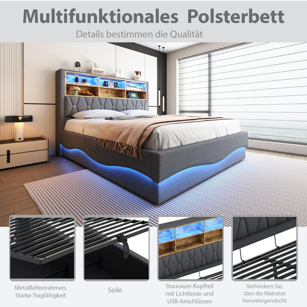 Upholstered Bed 180x200 Hydraulic Storage LED/USB Slatted Frame Linen Grey