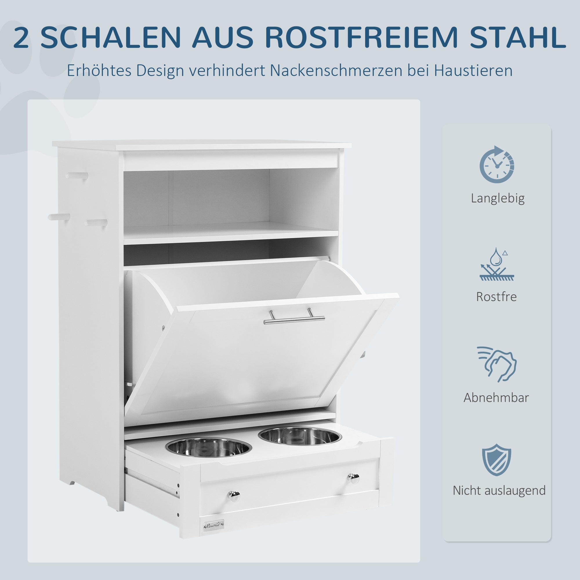 Pet Food Cabinet, 2 Stainless Steel Bowls Storage Tilting Door, White