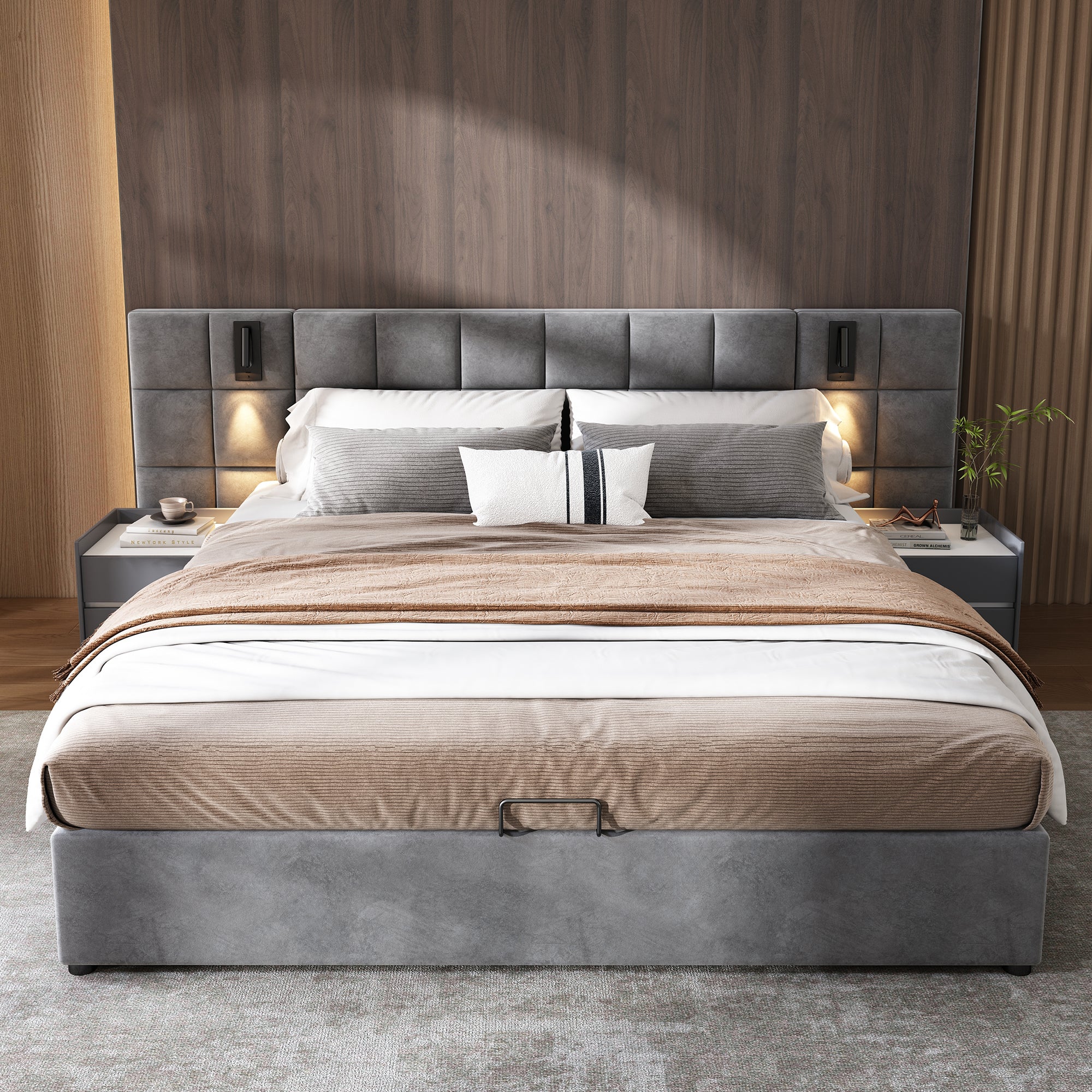 Upholstered Bed with Hydraulic Storage, Lamp and USB Charging, 180x200cm, Grey Velvet