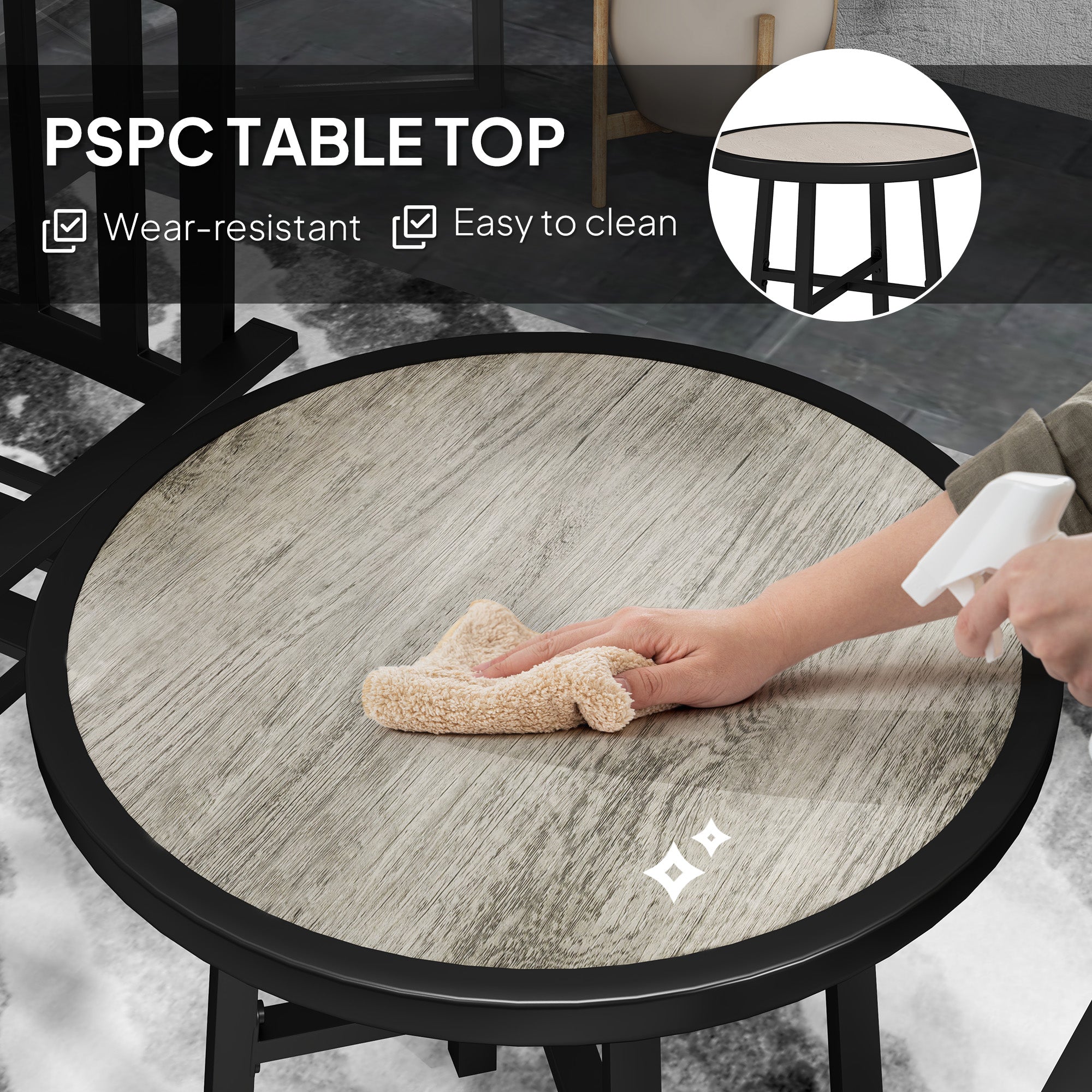 3 Piece Patio Bistro Set, 2 Stackable Chairs, Plastic Top, Galvanised Steel Frame, Grey