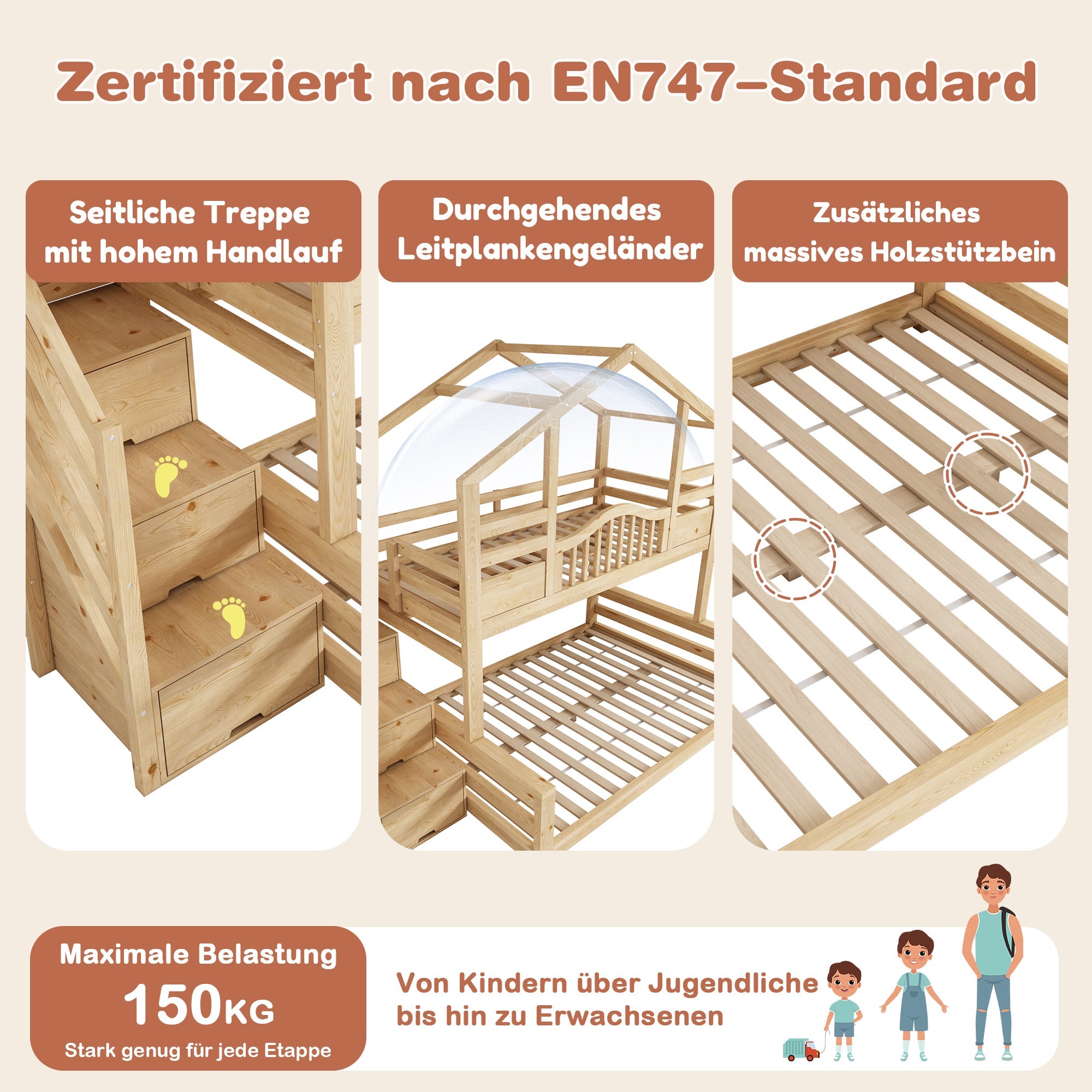 Bunk House Bed with Stair Storage and Shelves, 90x200cm and 140x200cm, Natural Wood Look