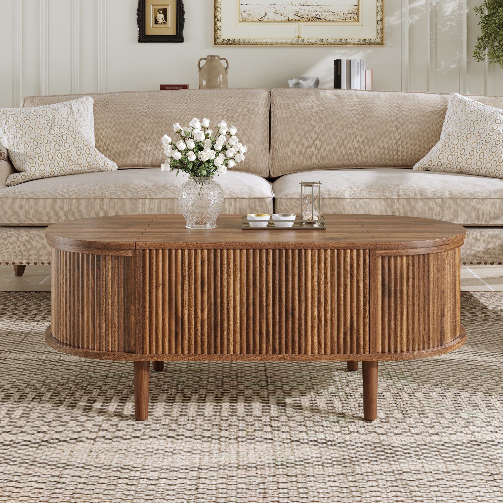 Oval Coffee Table with Adjustable Storage and Vintage Style, Solid Wood Legs