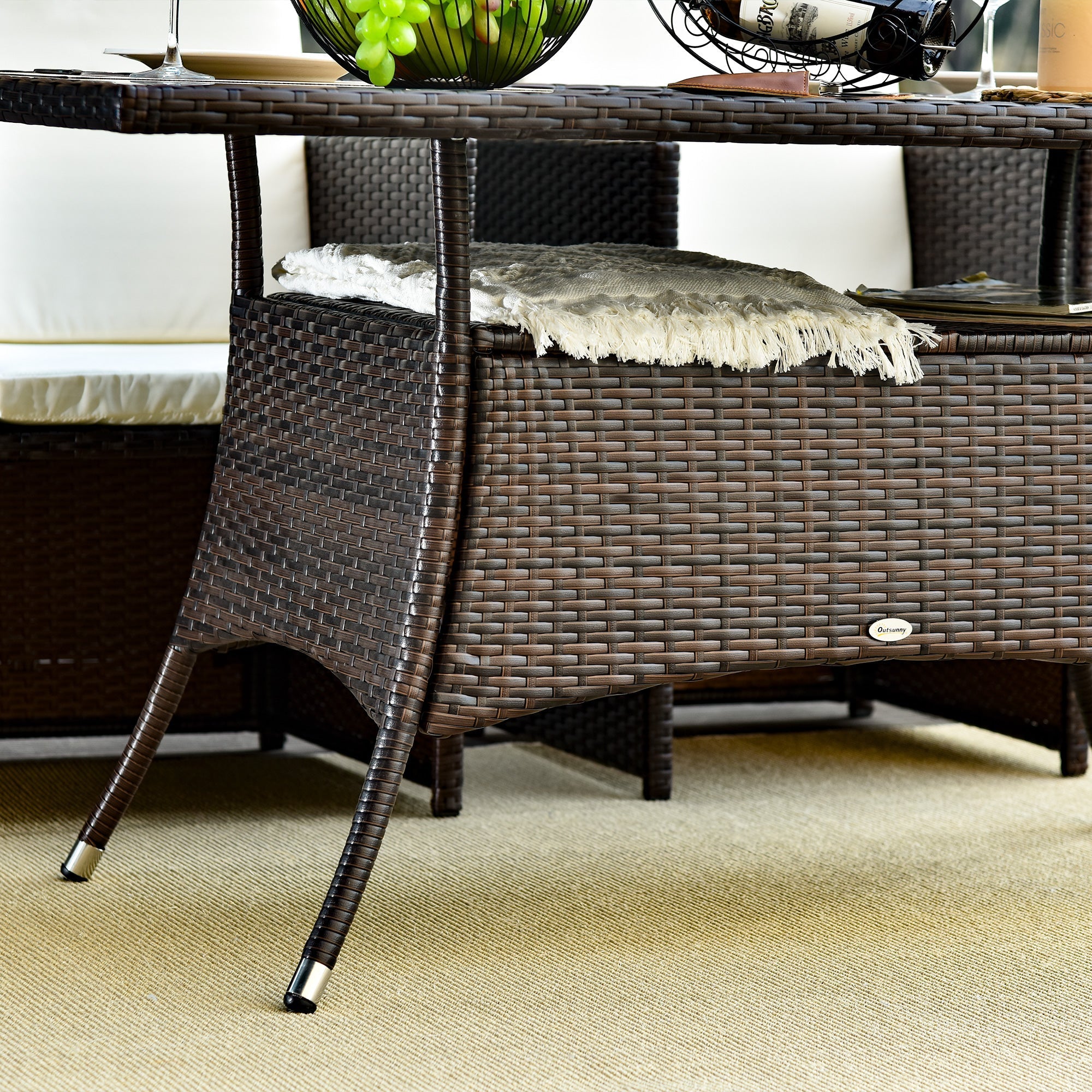 Dining Table, Poryrattan Glass 150x85x74cm Safety Glass, Brown/Black