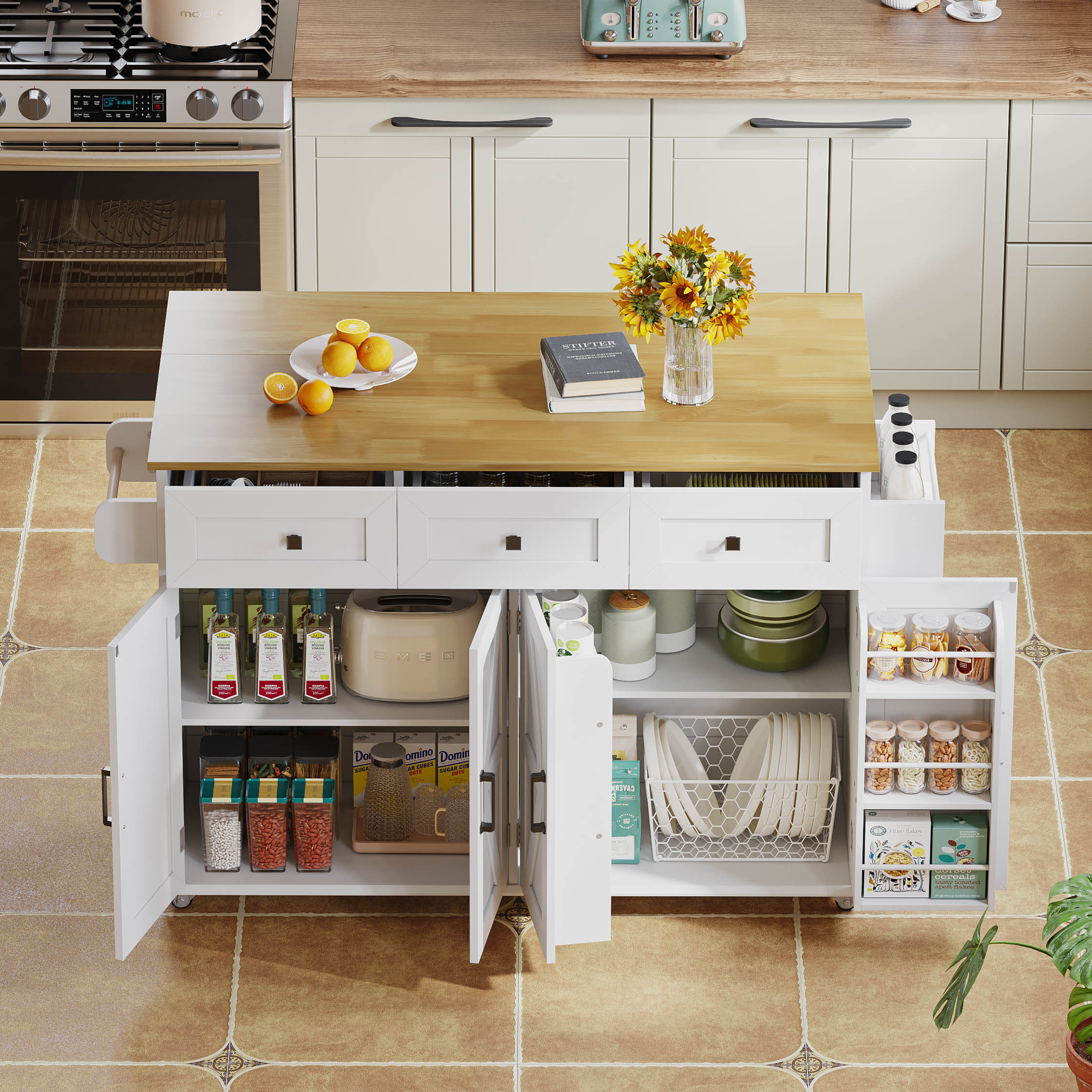 Kitchen Island Fold-Down Worktop 4 Doors 3 Drawers Barn Style with Casters - White
