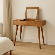 Dressing Table, Mini with 4 Storage Compartments and Mirror, Solid Wood Brown