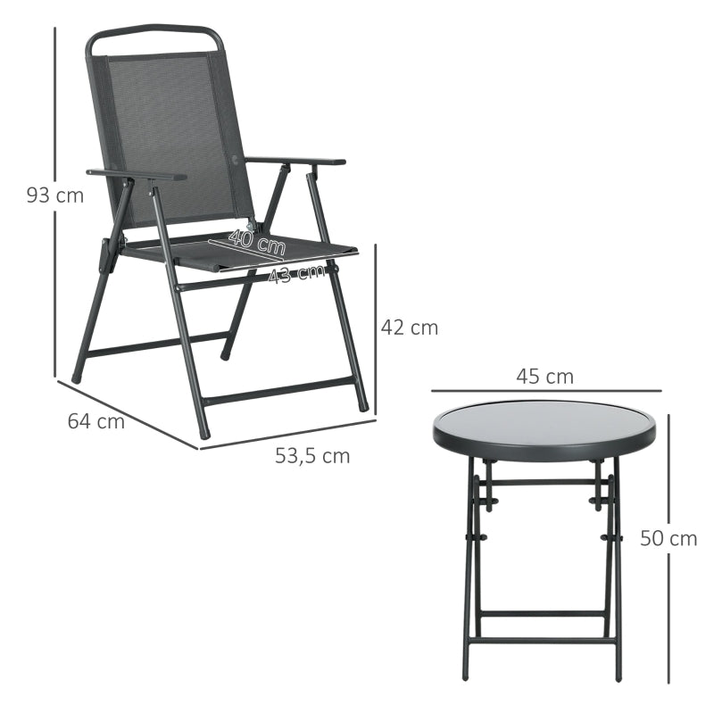 3-Piece Metal Bistro Set Folding Glass Table & Chairs - Dark Grey