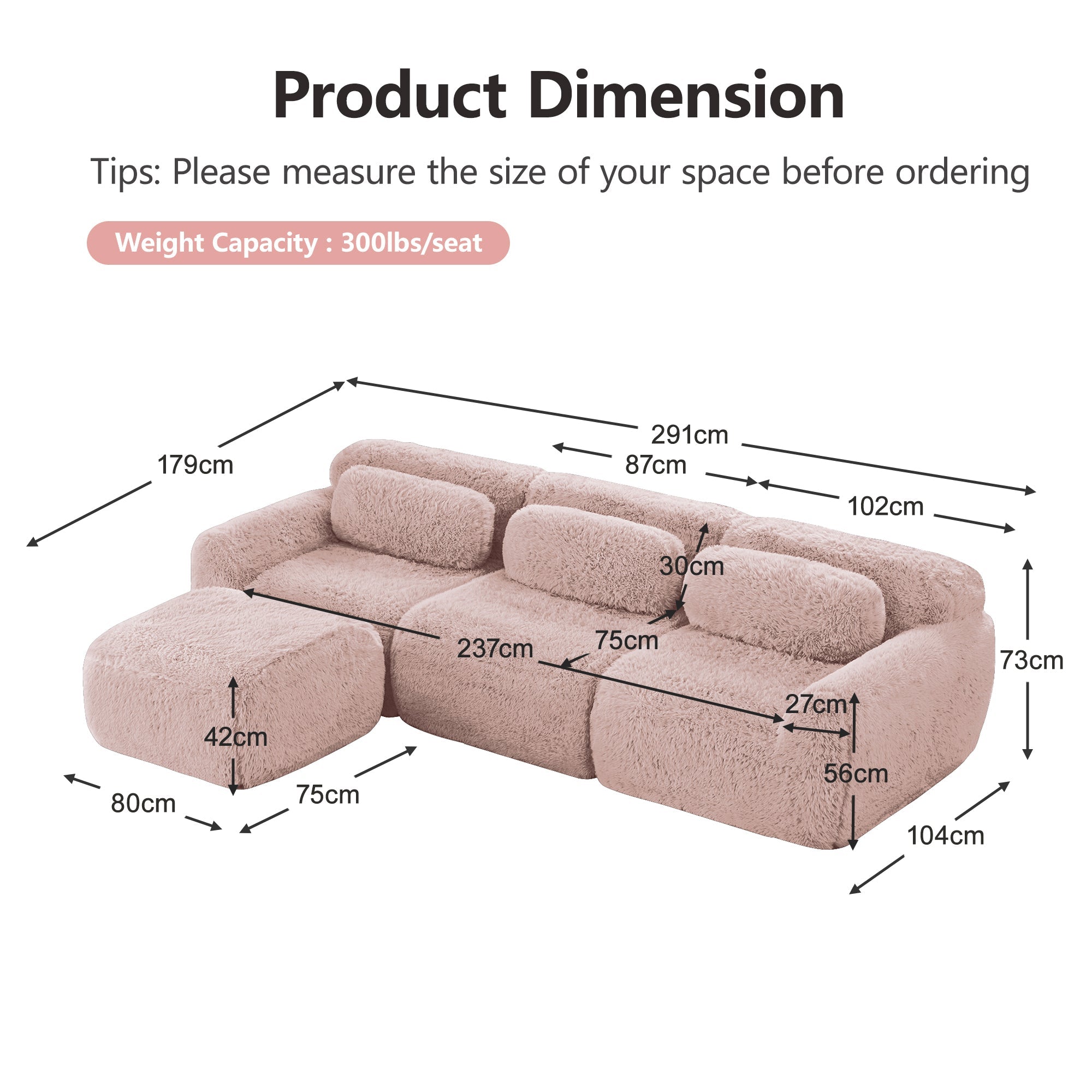 L-shaped Modular Sofa - Frameless Deep Plush - Pink