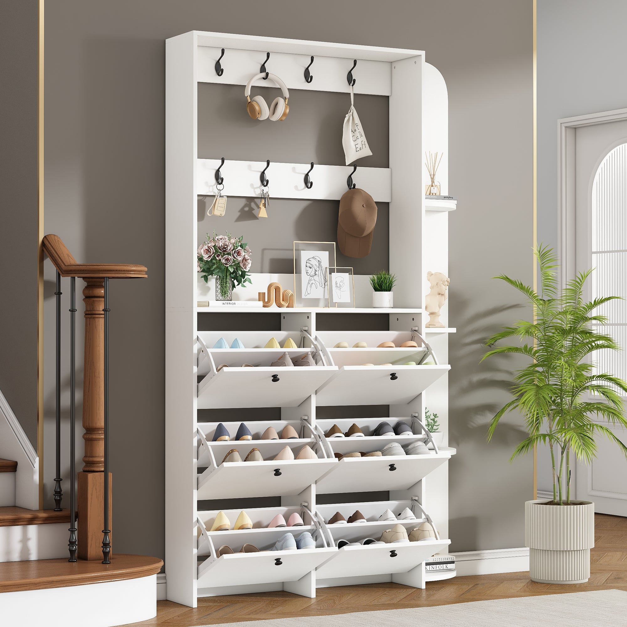 Hallway Cabinet 3-in-1 Shoe Cabinet 8 Hooks 5 Shelves - White