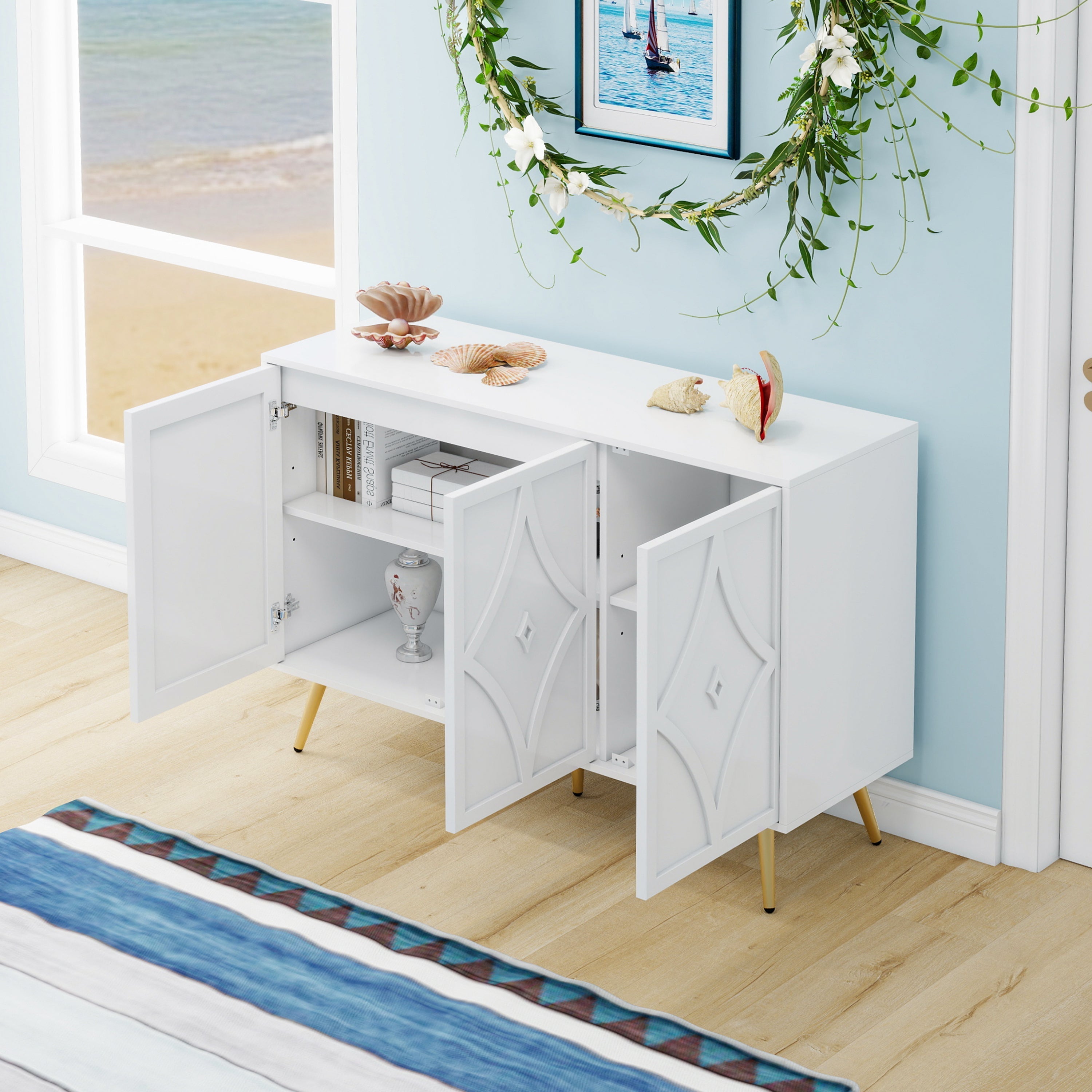 Sideboard Cabinet, 3-Door, 3D Carving, Gold Metal Legs, White