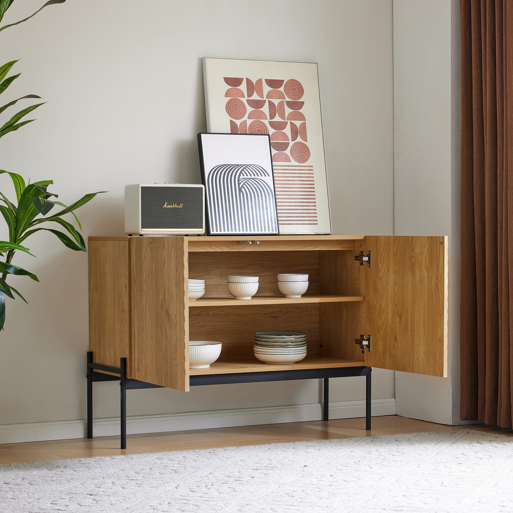 Sideboard with 2 doors and metal legs, linear design, 75x100x40 cm, aluminum