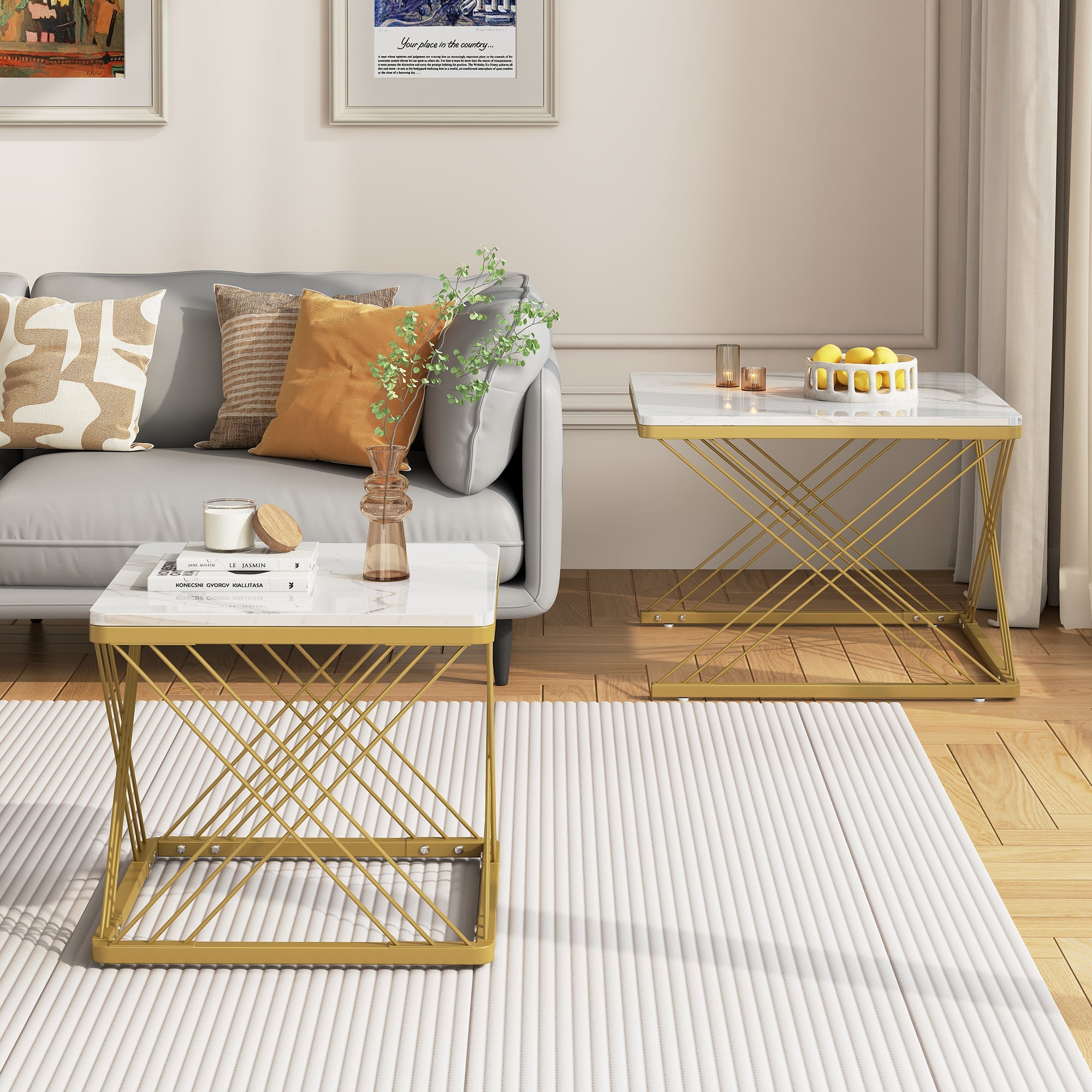 Stylish 2-Piece Coffee Table Set, Square, Adjustable, High-Gloss Marble Look