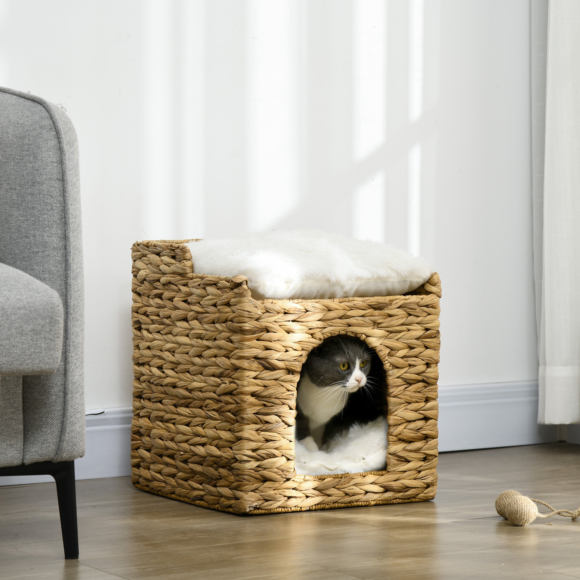 Rattan Cat Cave 2-Level Cushion, Water Hyacinth Brown