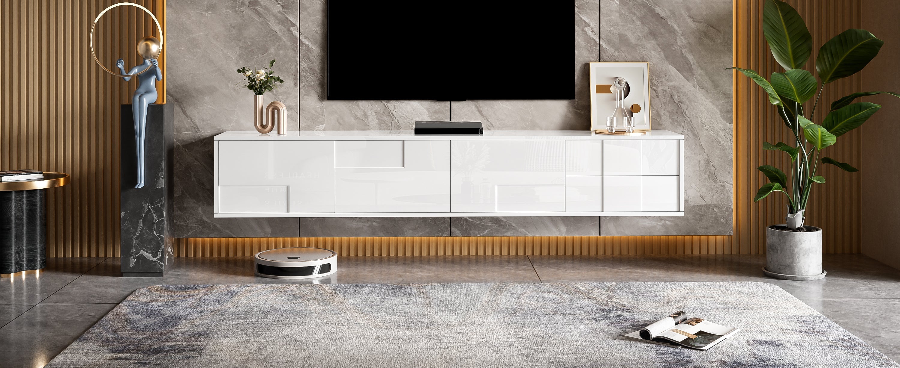 Modern TV Stand 170cm, Floating/Freestanding, 3 Doors 2 Drawers, High-Gloss White