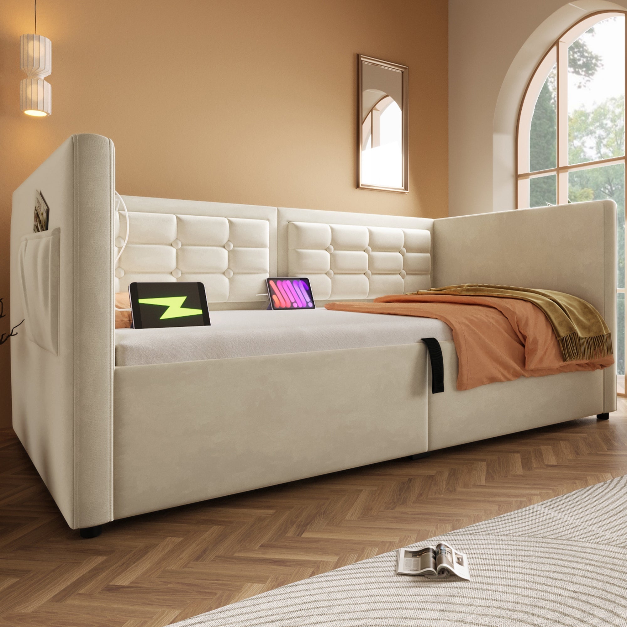 Daybed Upholstered Bed 3FT Single, USB Charging, Hydraulic Storage, Velvet Beige (No Mattress)