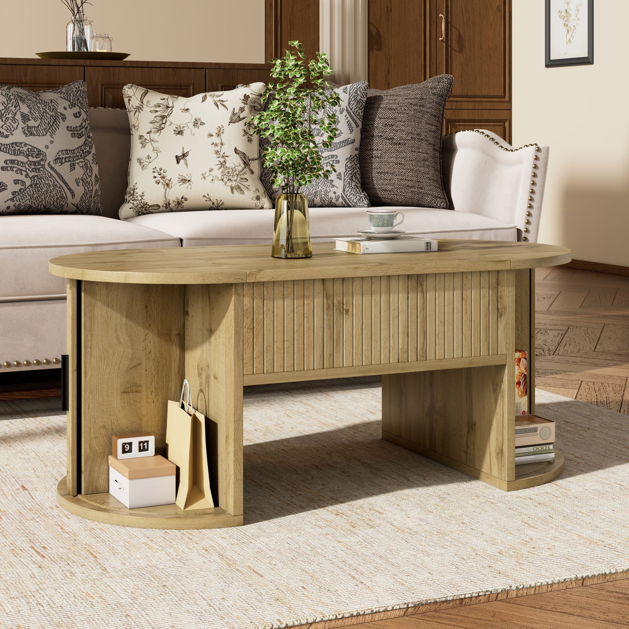 Modern Height-Adjustable Coffee Table with Hidden Storage and Sliding Doors, Wood