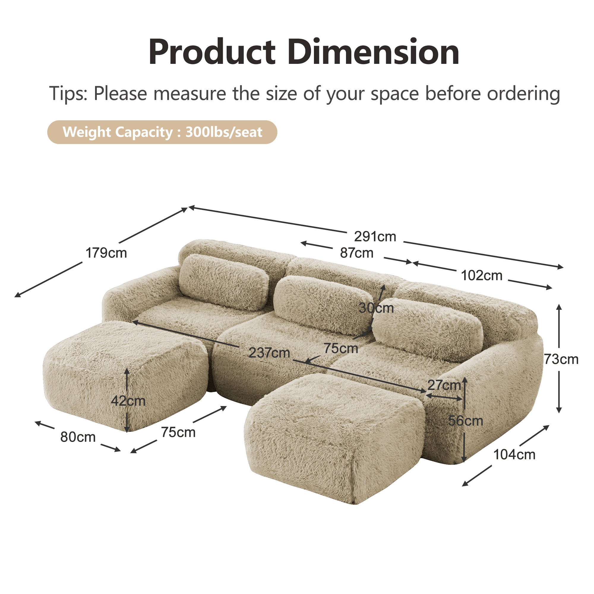 U-shaped Modular Sofa - No Assembly Plush High-Resilience Foam - Light Khaki