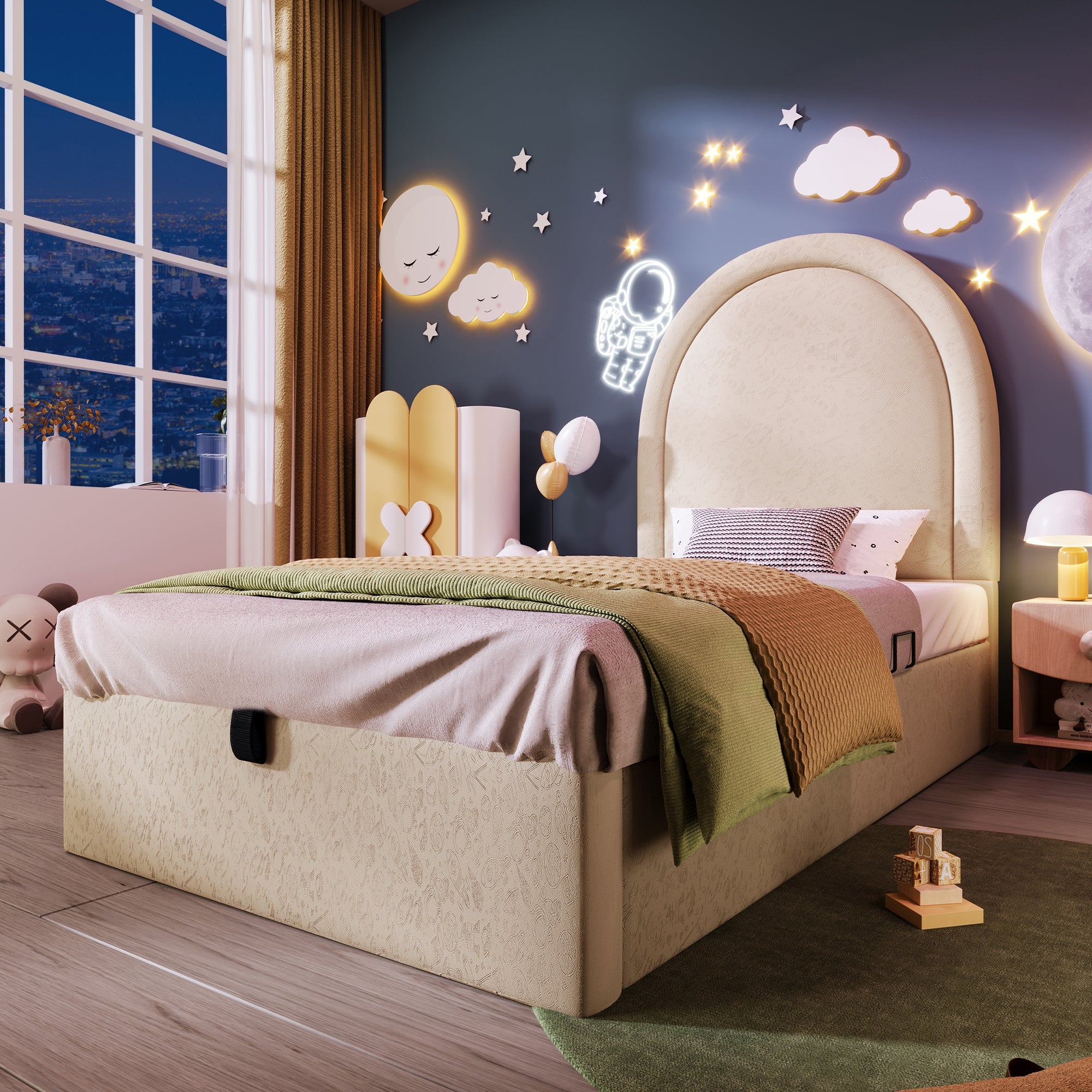 Children's Upholstered Bed, Single with Cosmic Pattern, 90x200cm, Beige PU