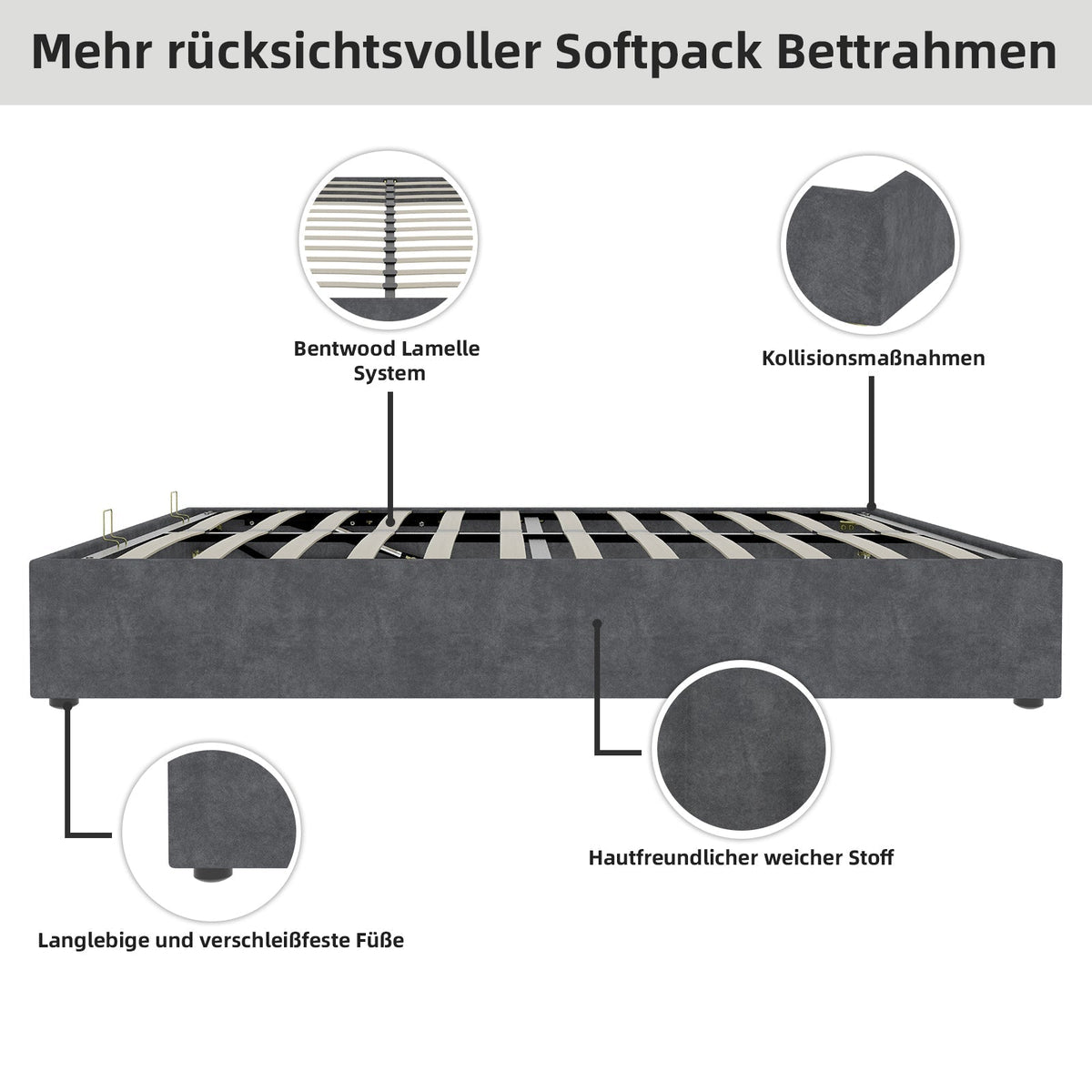 Bed Frame 140x200cm with Gas Lift - Dutch Velvet Grey