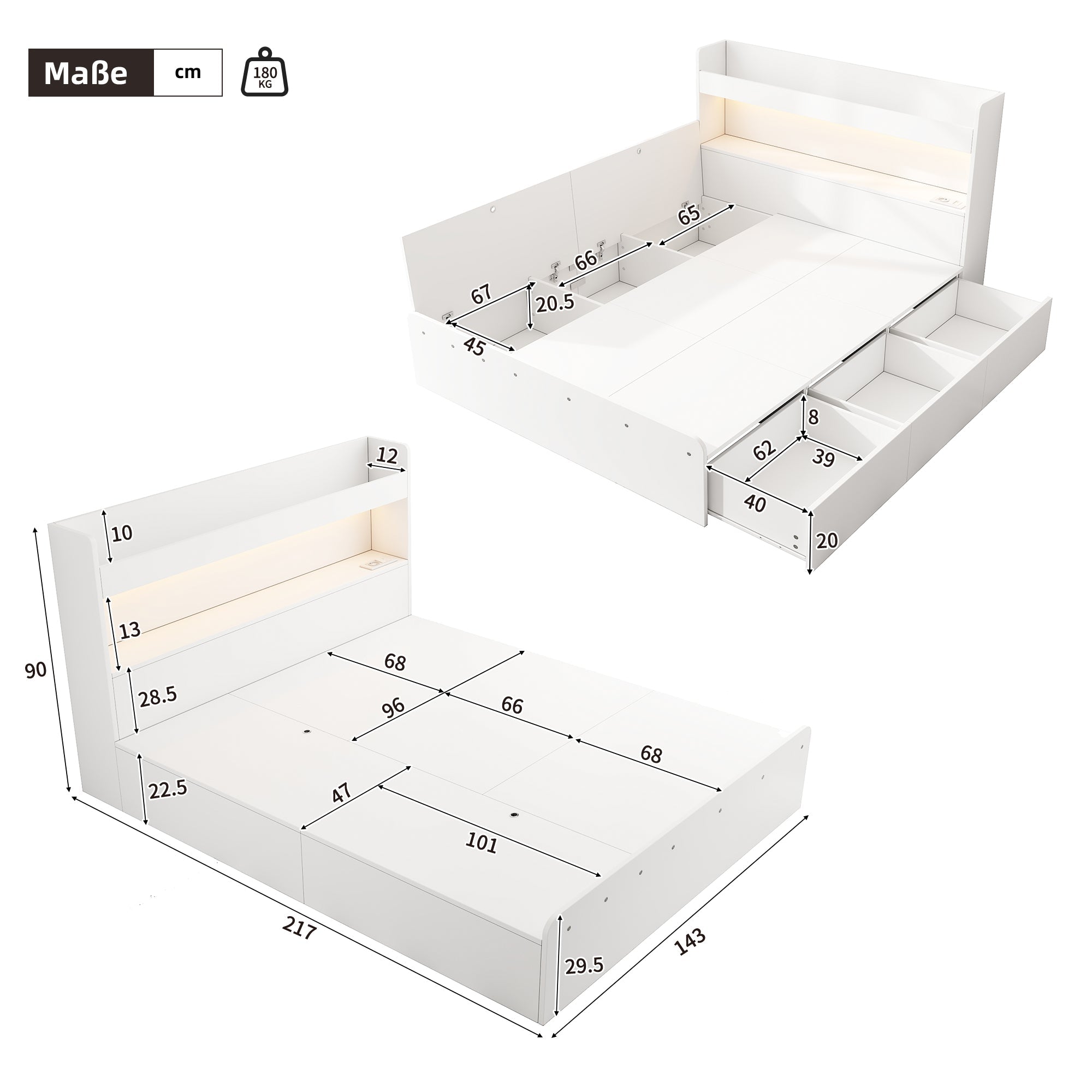 Storage Bed 140x200cm with USB, Power Outlet, LED and Drawers, White Solid Wood