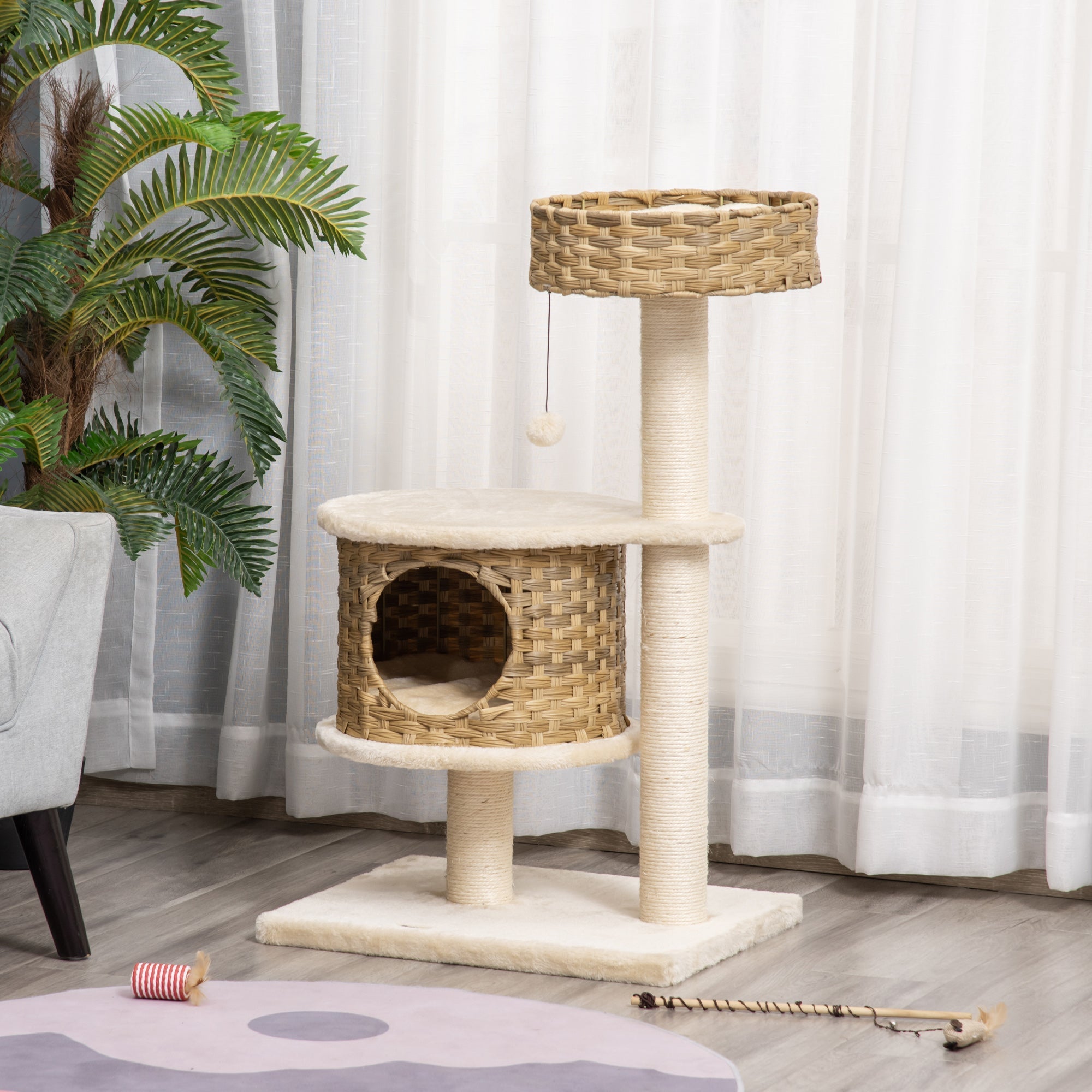 Rattan Cat Tree with Cat Cave, Ball Toy, Natural and Beige
