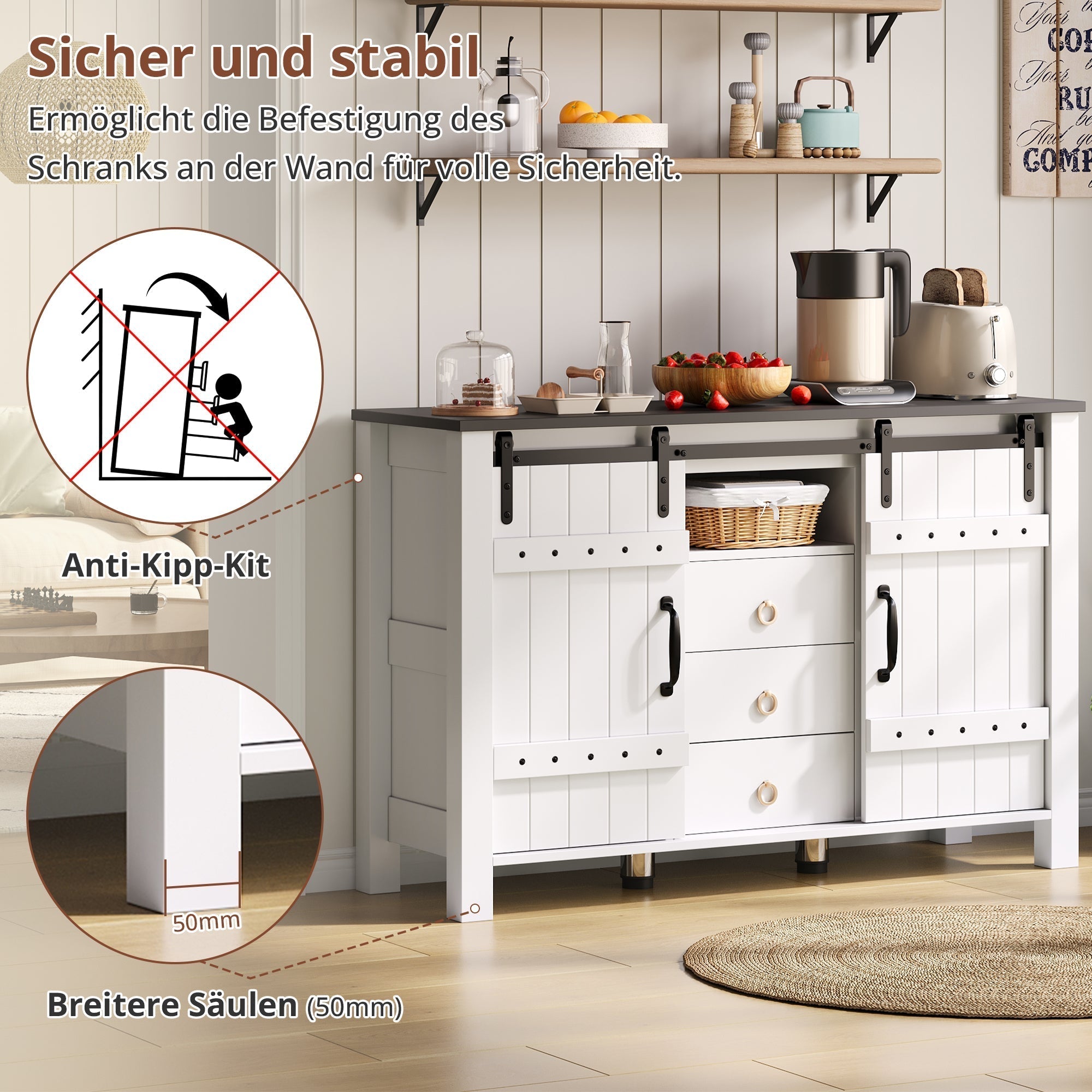 Sideboard Buffet 120cm Sliding Doors 3 Drawers - Rustic White