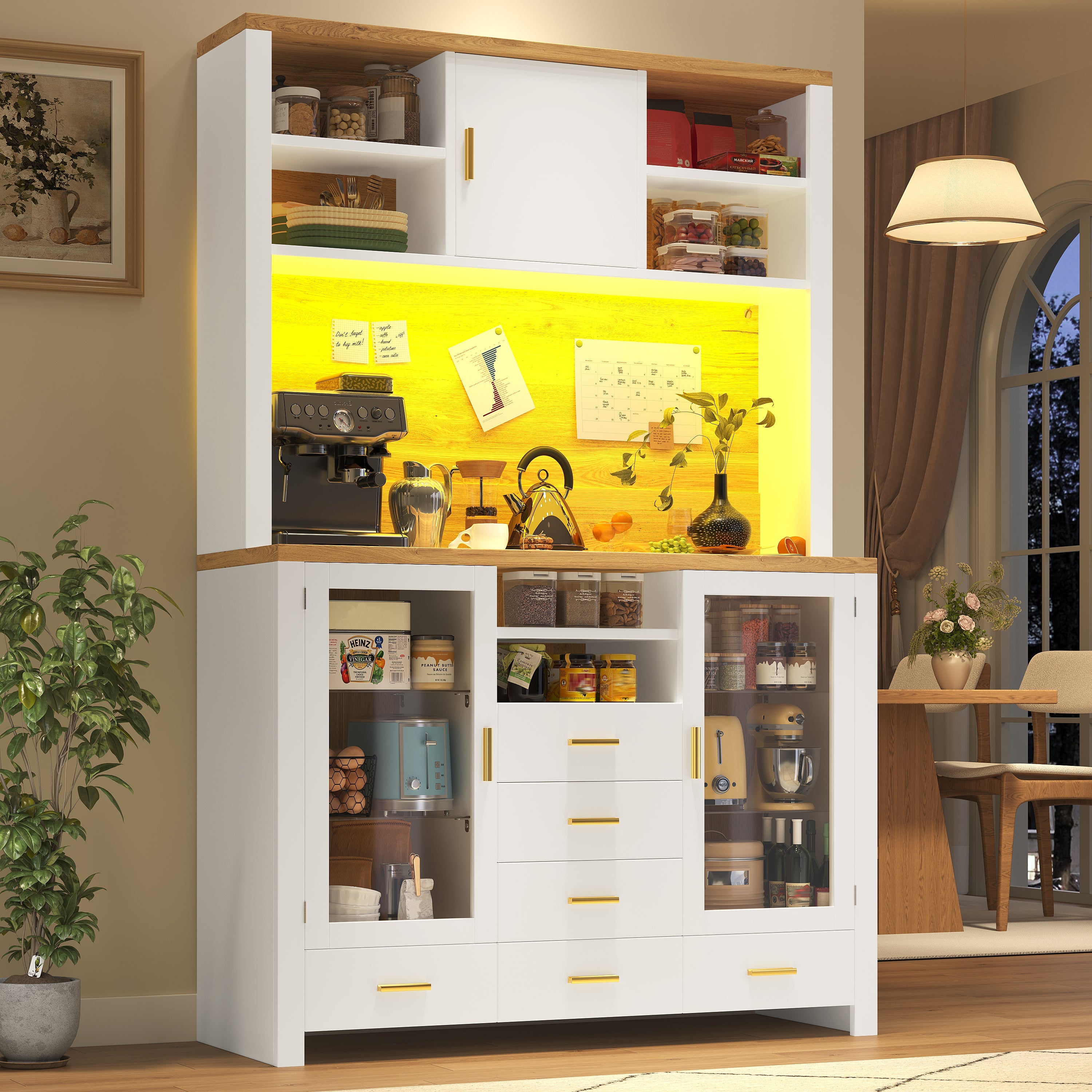 Buffet Sideboard Cabinet with LED Light Strip and Storage Drawers, 120x40x188cm, White and Wood Look