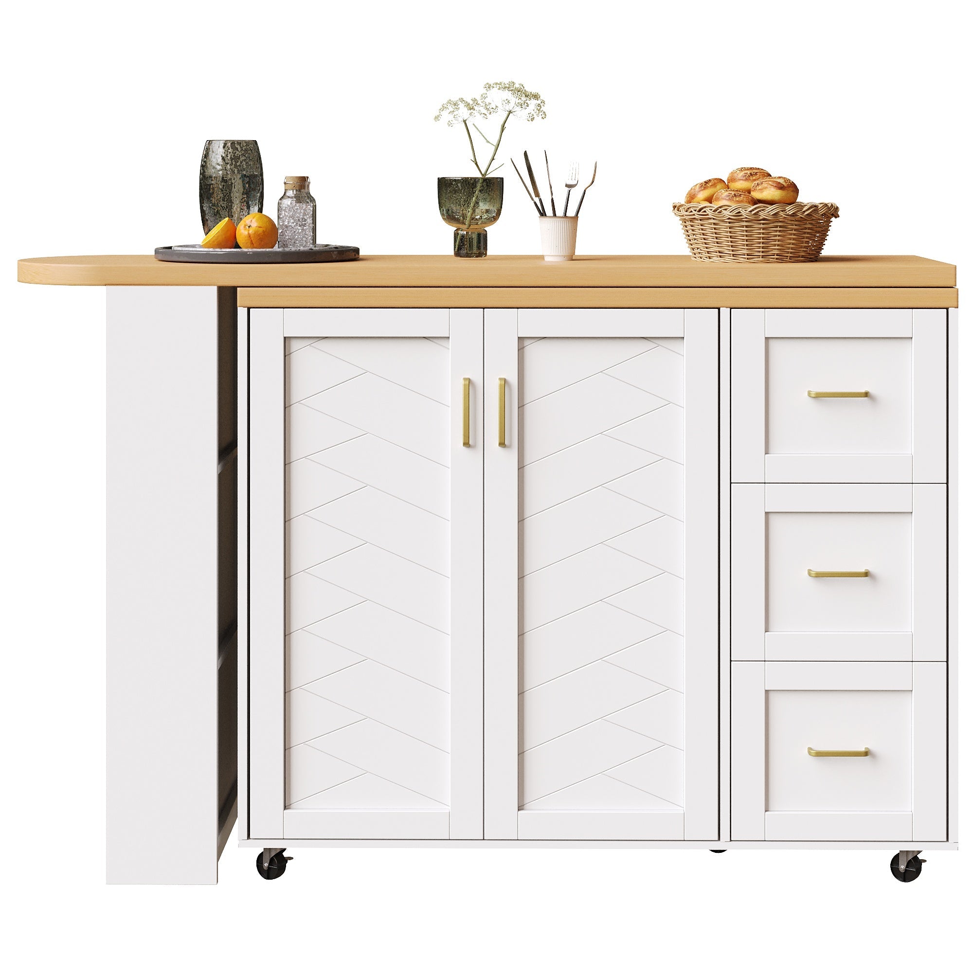 Extendable Bar Cart 2 Doors 3 Drawers Rolling Worktop White/Black Wood Look