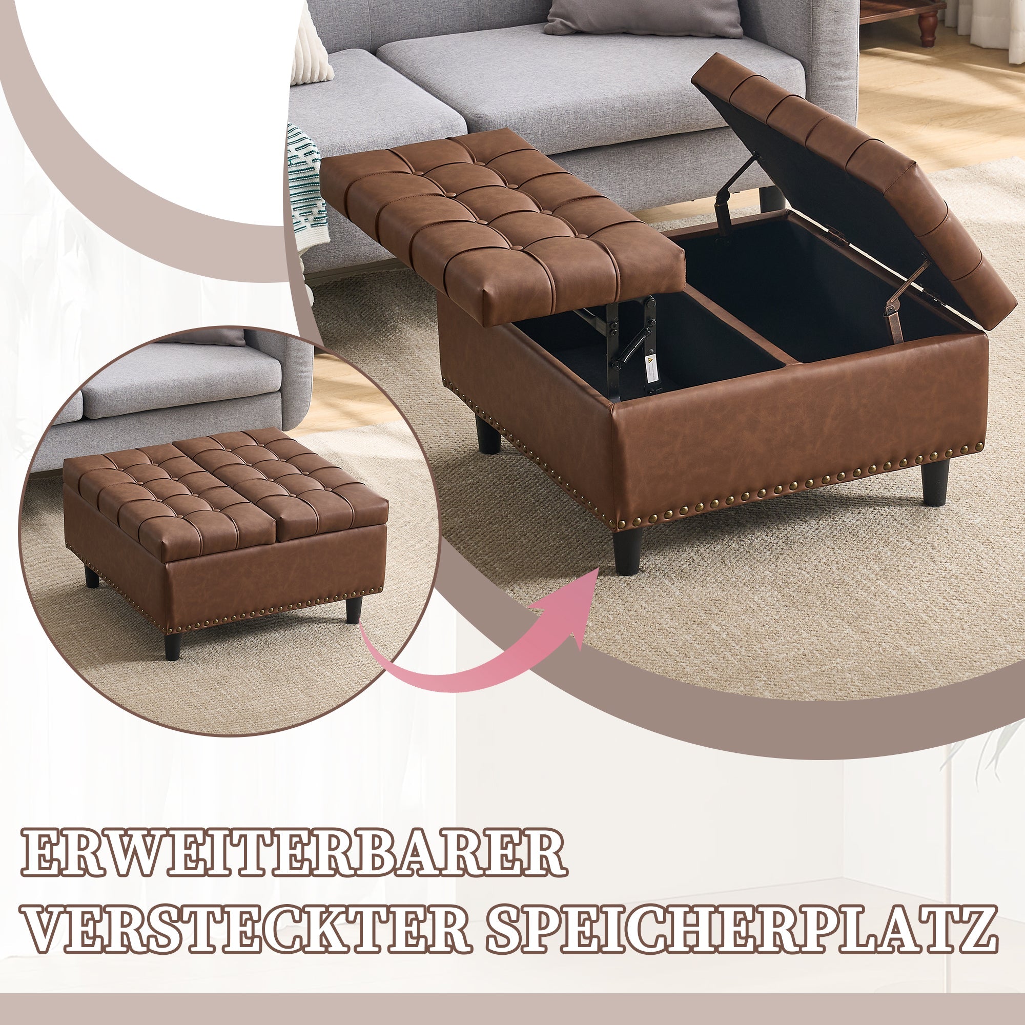 Storage Chair, Liftable Bench, Square, Brown PU