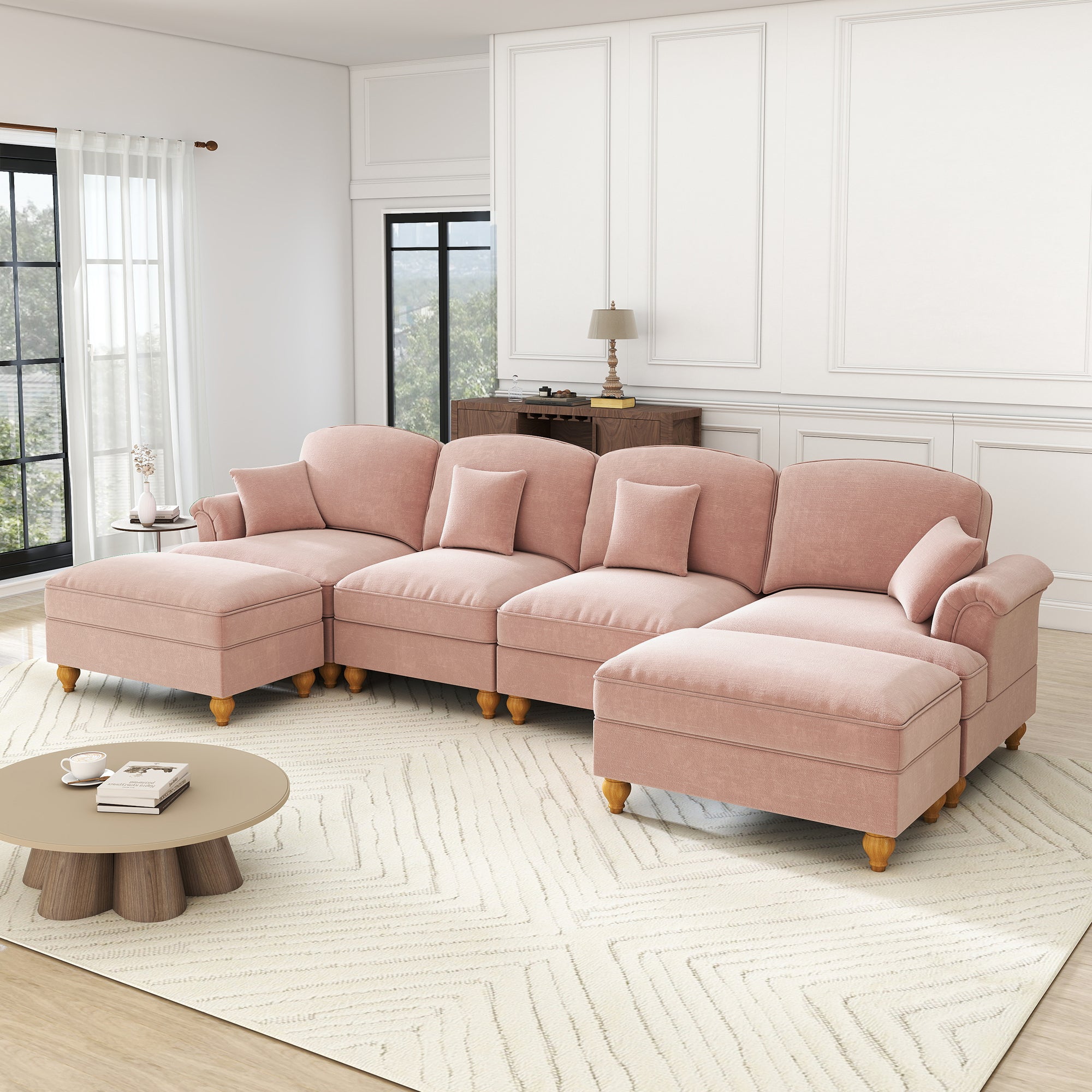 U-shaped Modular Sofa 4-Seater Chenille with Ottoman - Pink