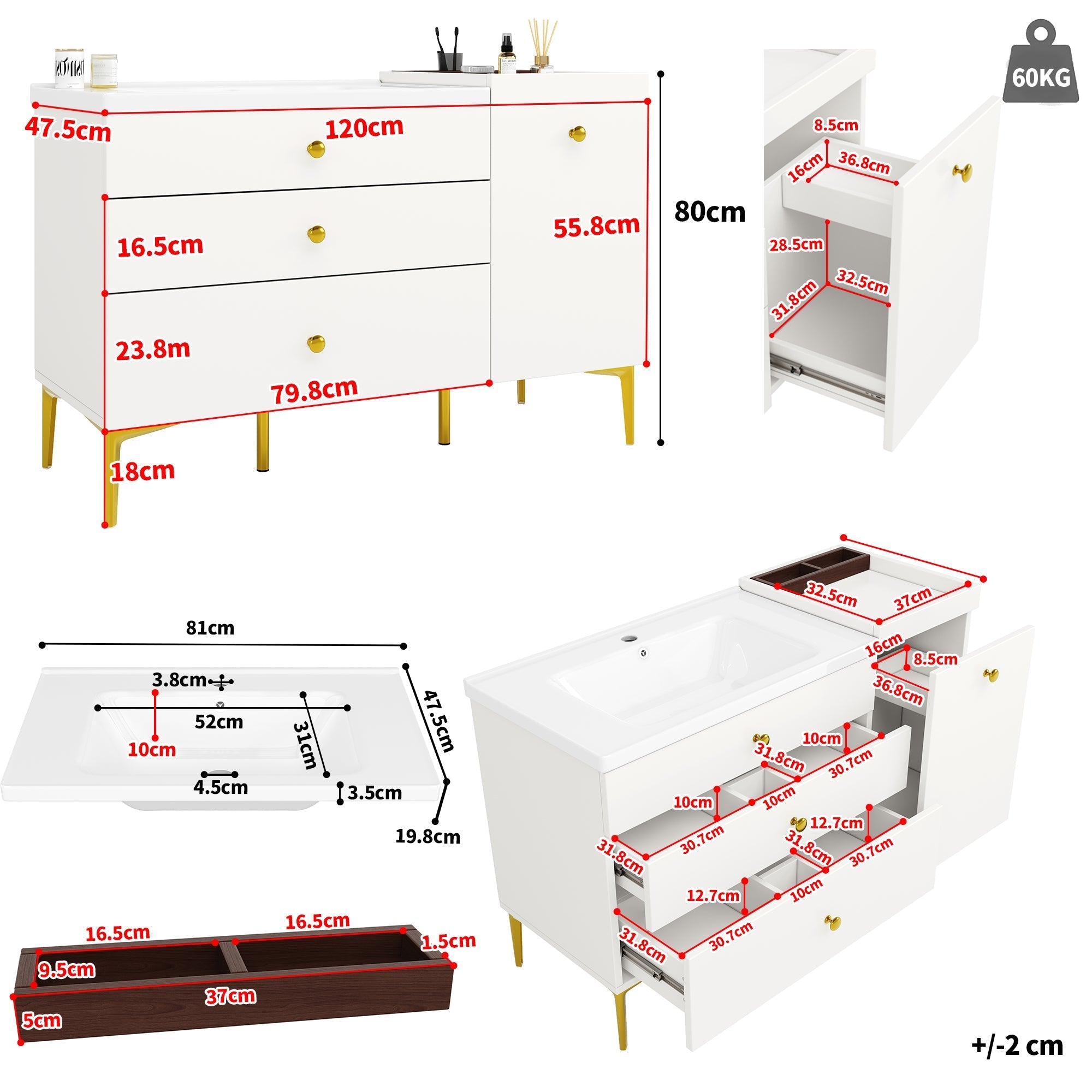 Bathroom Vanity Unit with Ceramic Sink and Storage Drawers, White and Gold