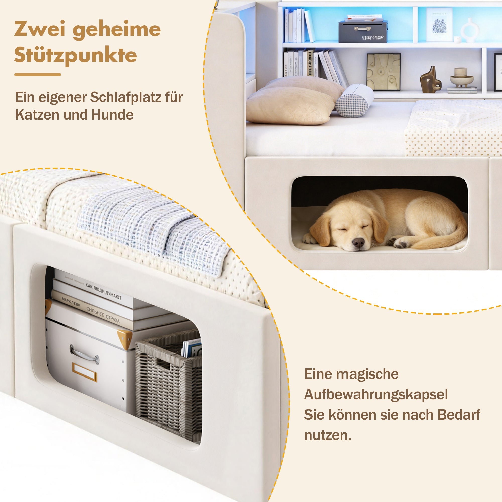 Daybed with Integrated Pet House, LED, USB and Storage, 90x200cm, Beige Velvet