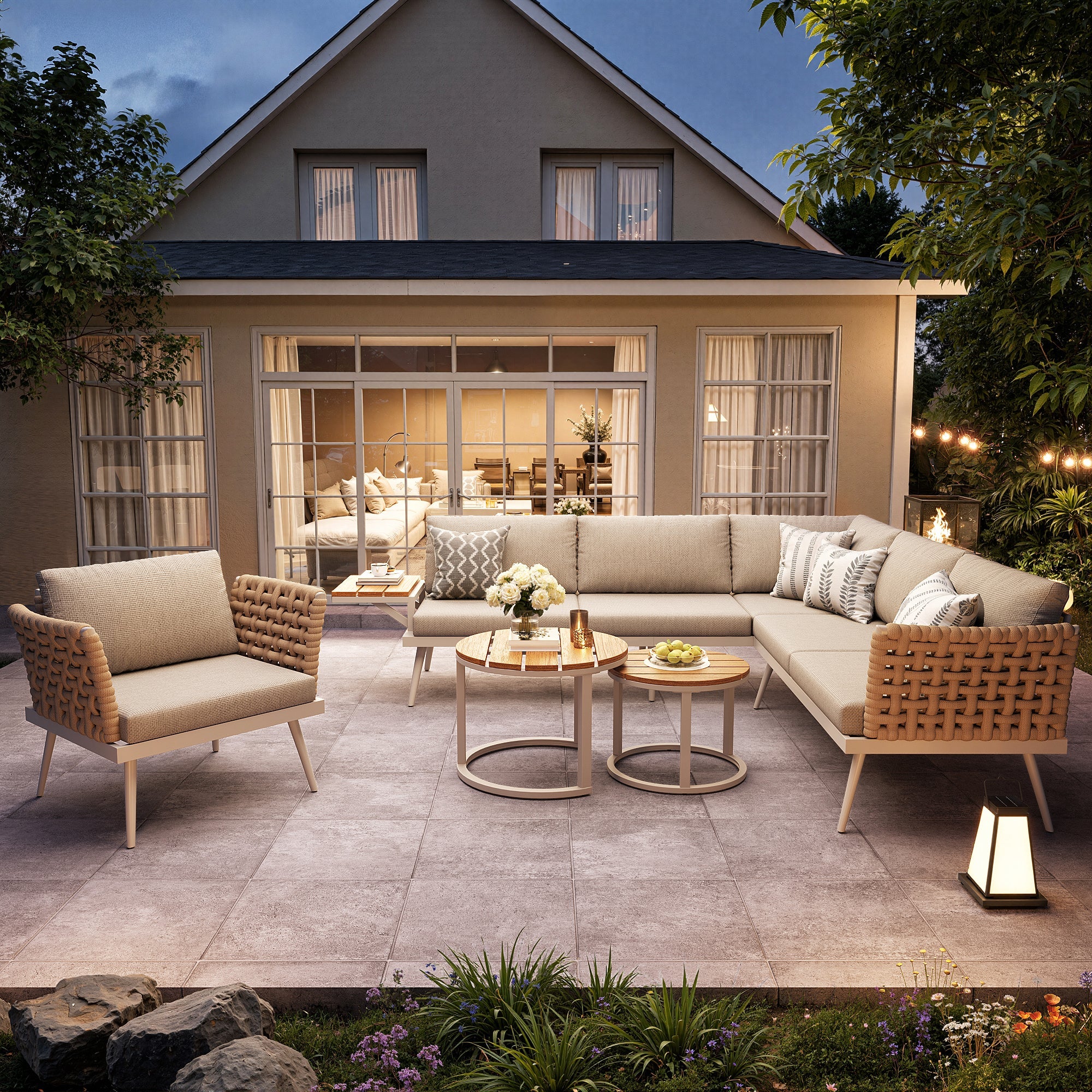 Six-Seater L-Shaped Garden Sofa Set with Hand-Woven Armrests and Coffee Tables, Grey and Beige
