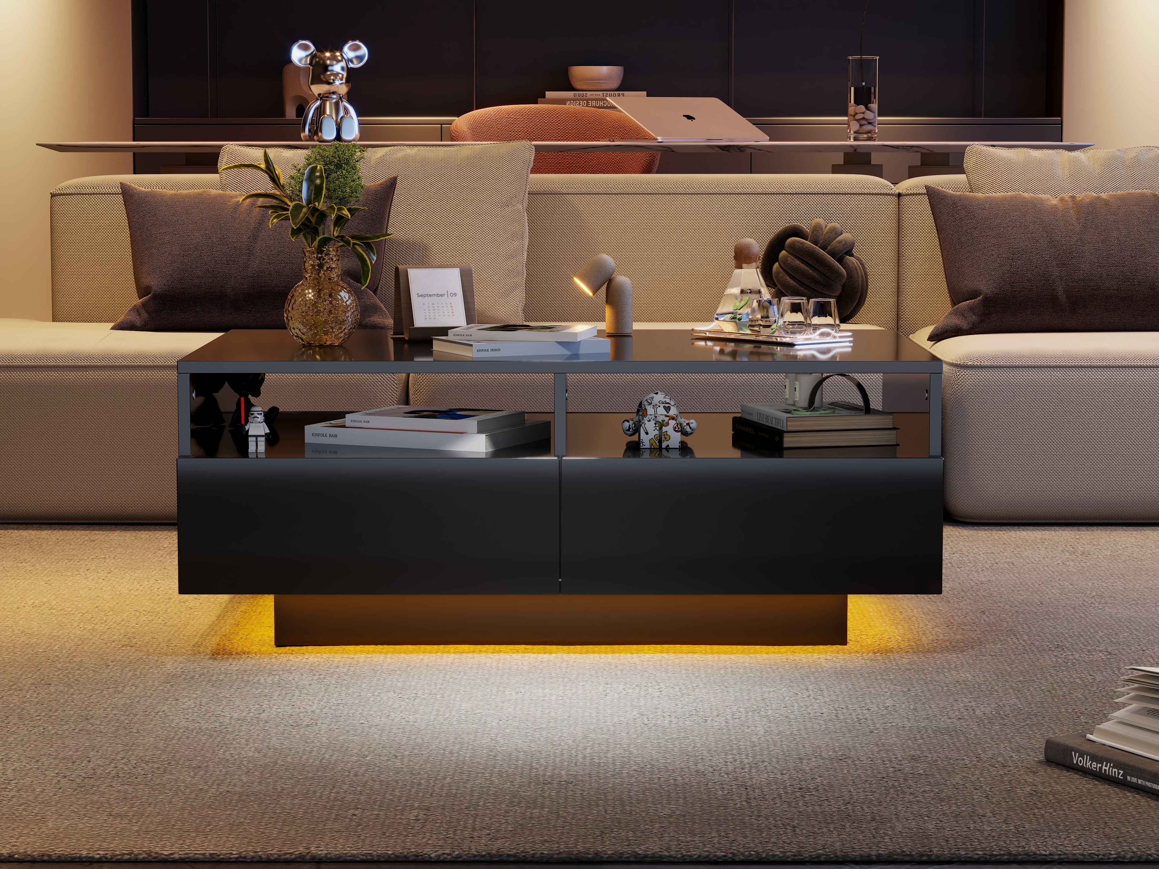 LED Coffee Table with 4 Drawers, Modern Center Table with 16 Colors LED Lights, High-Gloss
