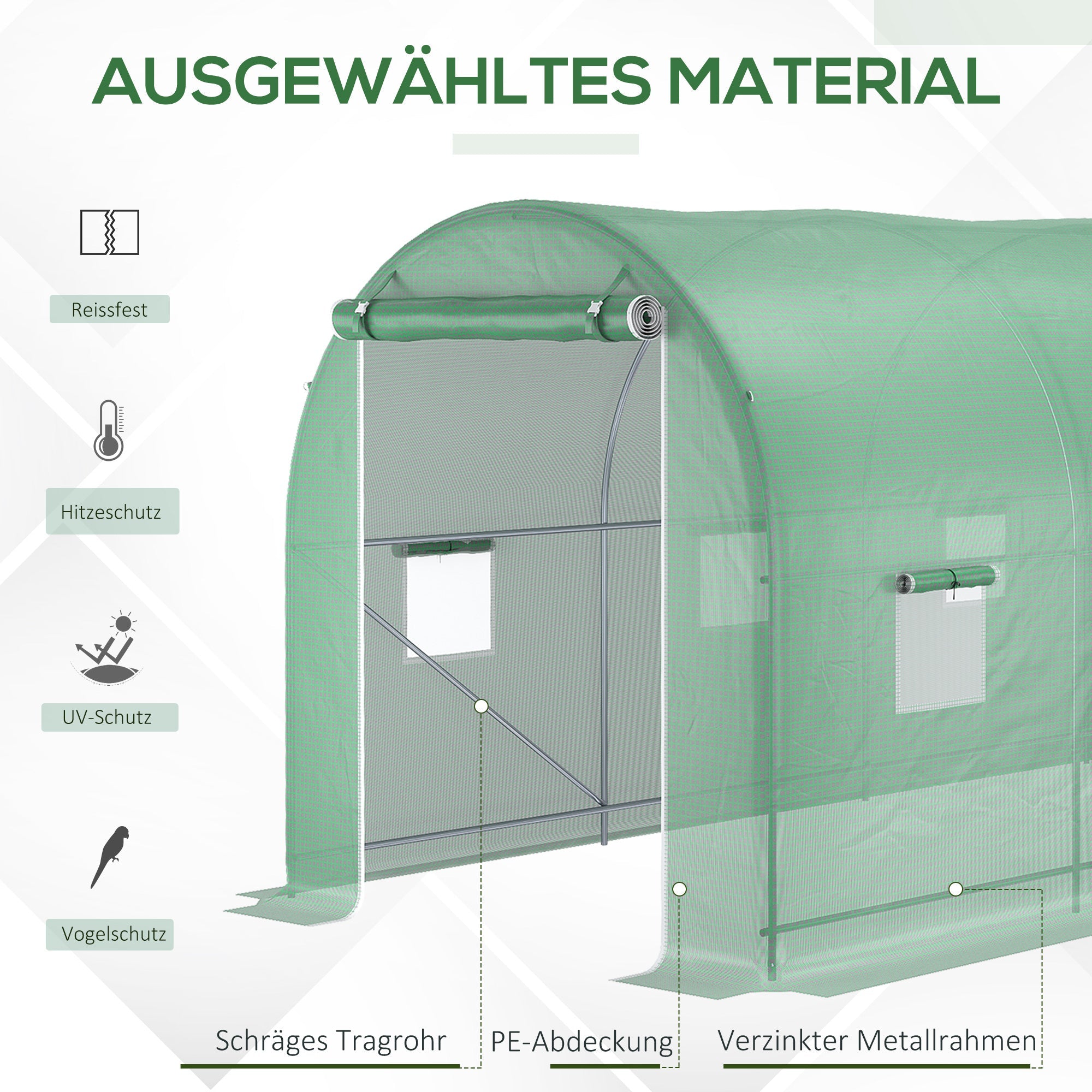 Polytunnel Greenhouse with Window, 500x200x210cm, for Tomato & Plant Cultivation, Green