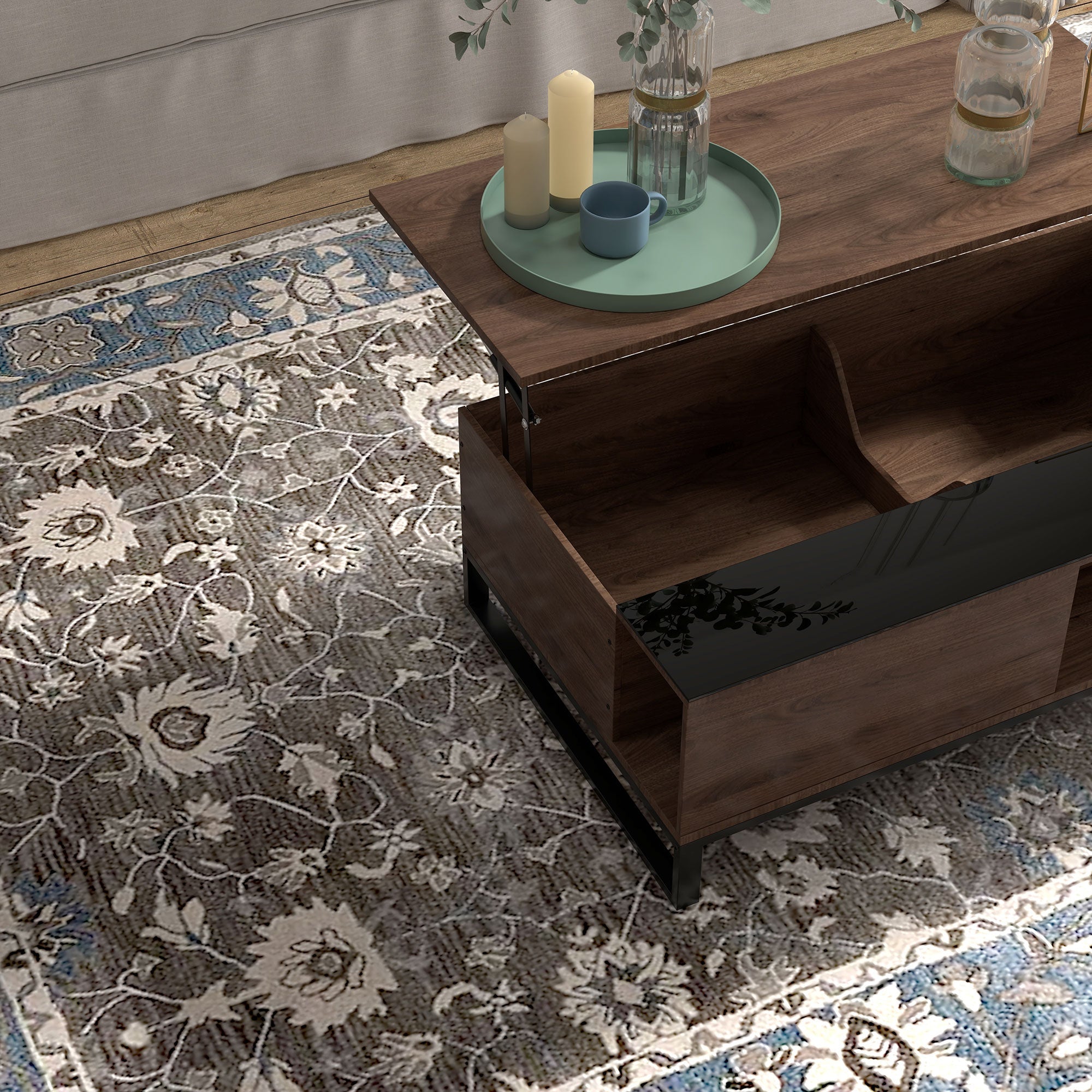 Coffee Table with Lifting Function & Storage, Steel in Walnut Black