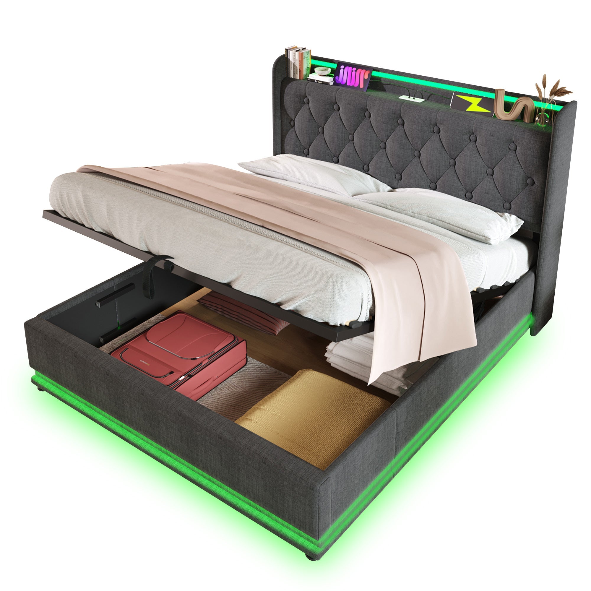 Upholstered Bed with LED, Hydraulic Storage and USB Type-C, 180x200cm, Grey