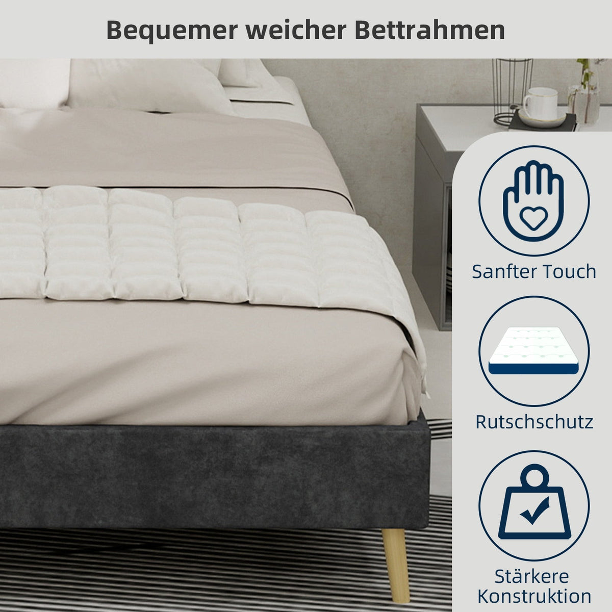 Modern Minimalist Bed Frame, 140x200 cm Low-Profile Base, Grey Dutch Velvet Fabric