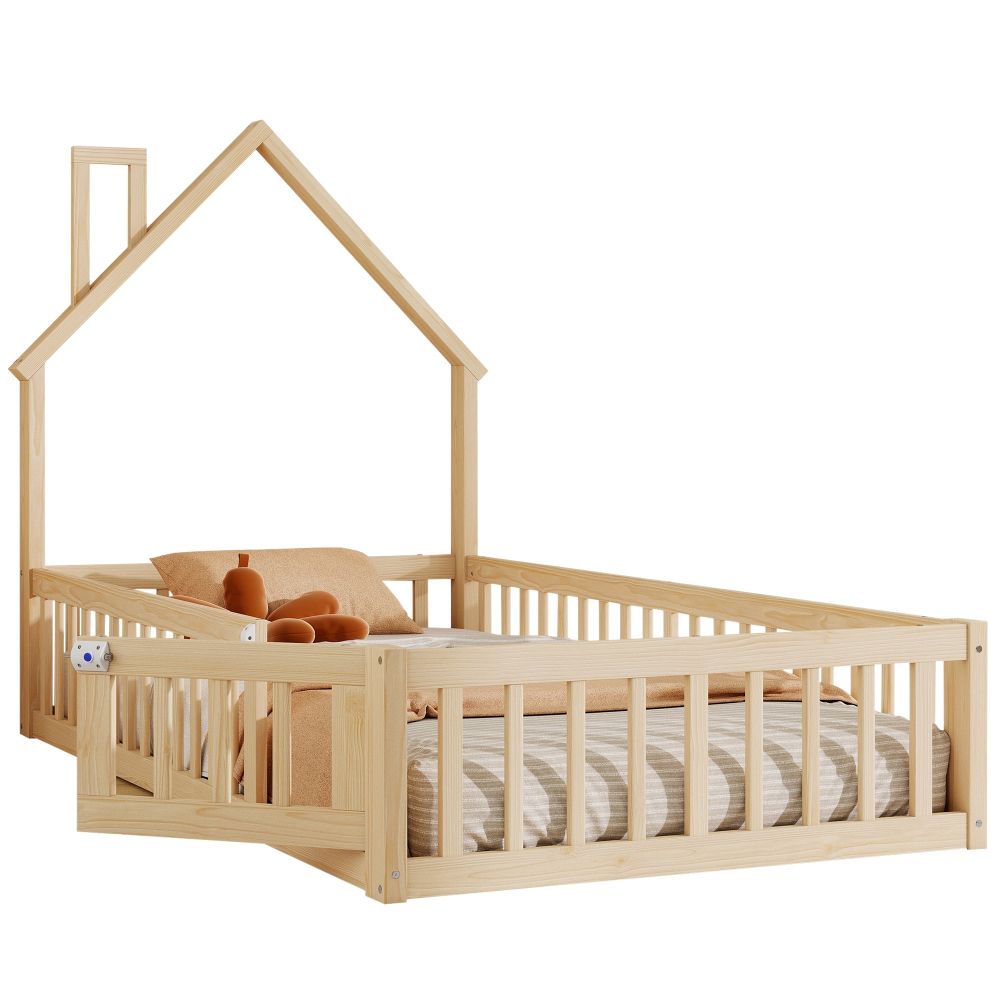 House Bed with Chimney Shape and Slatted Base, 90x200cm, Natural Pine Wood