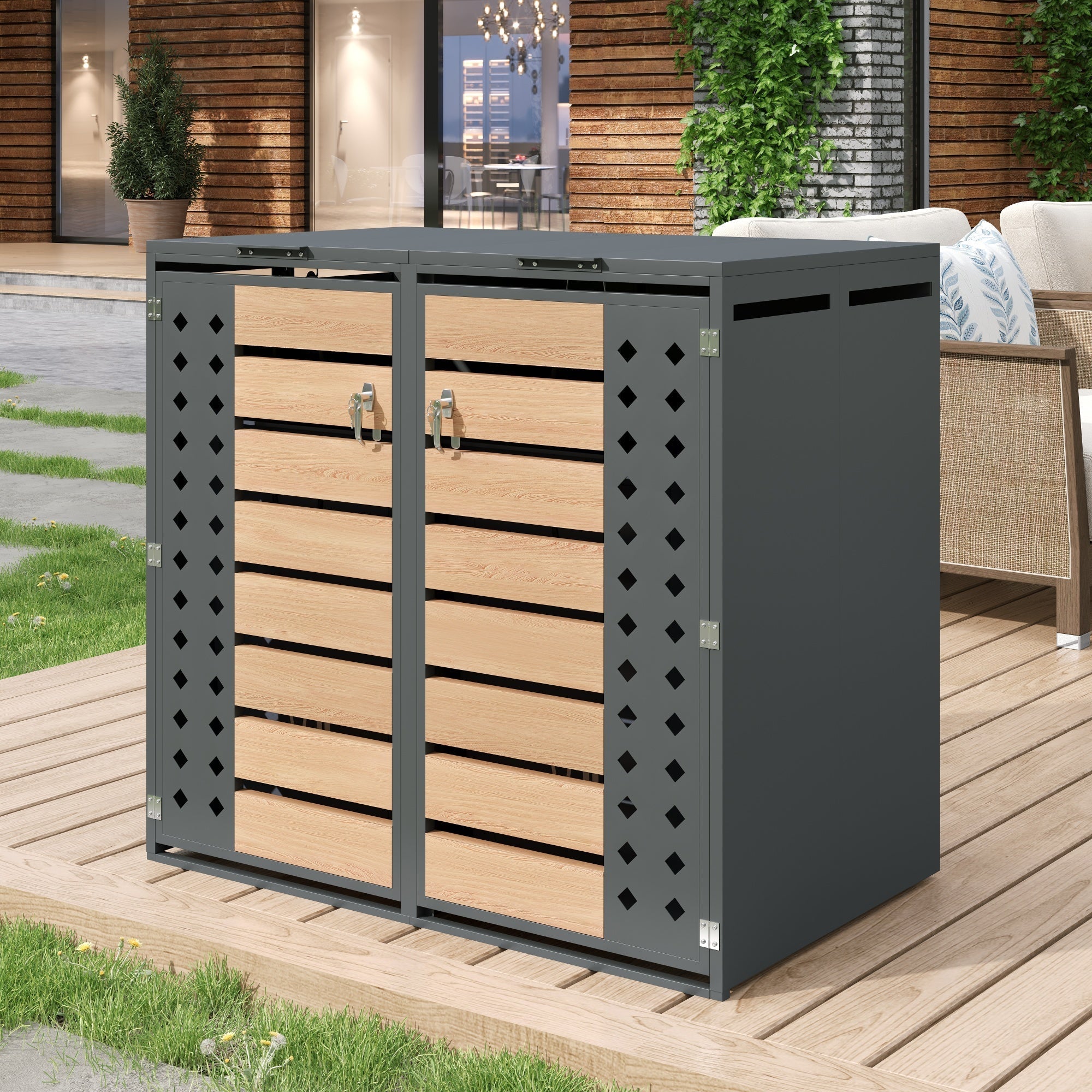 Bin Storage Box with Hinged Lid, Lockable Two Doors and Diamond-Hollow Door Panel